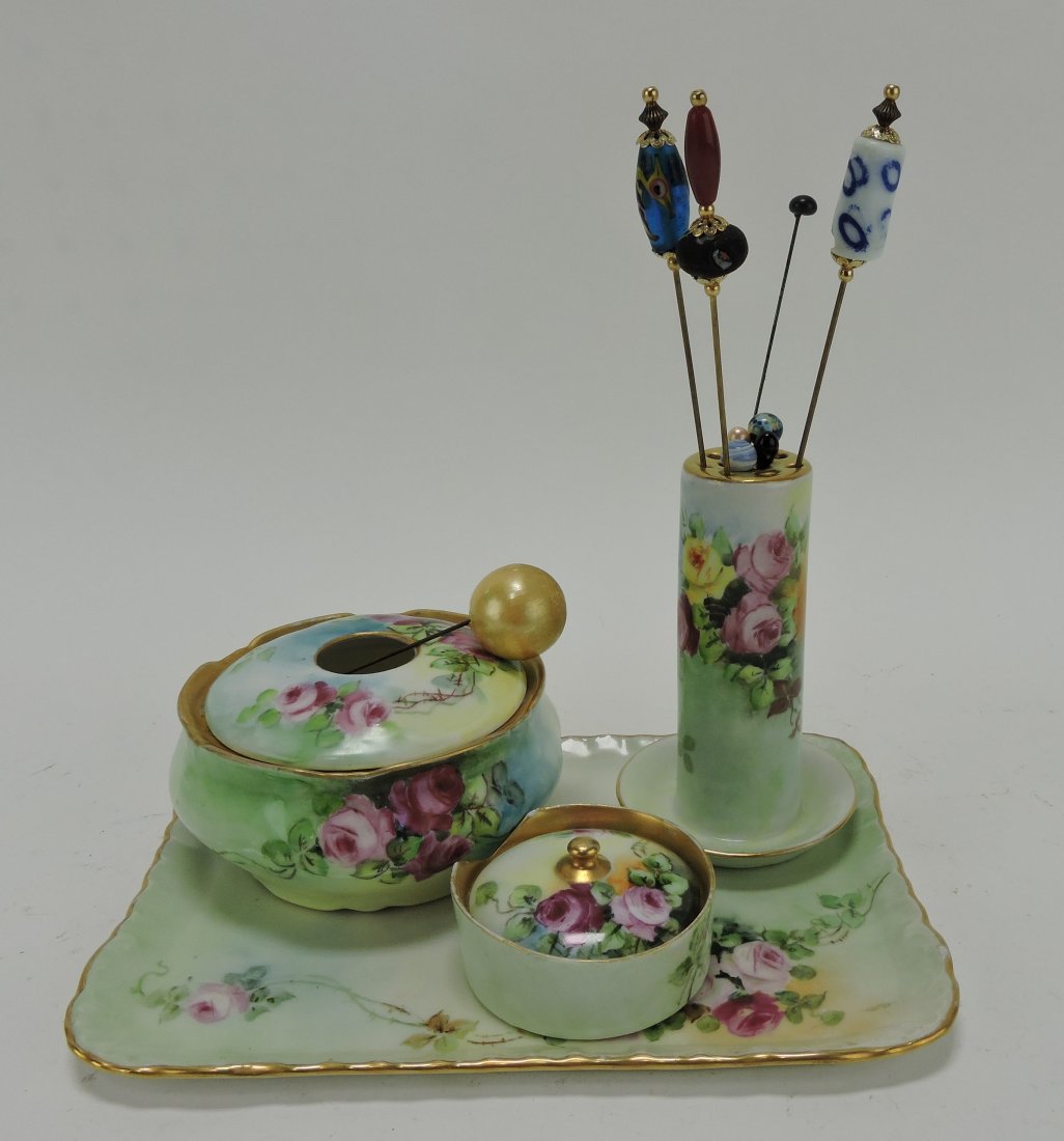 Hand painted 4 pc dresser set with hat pins: .