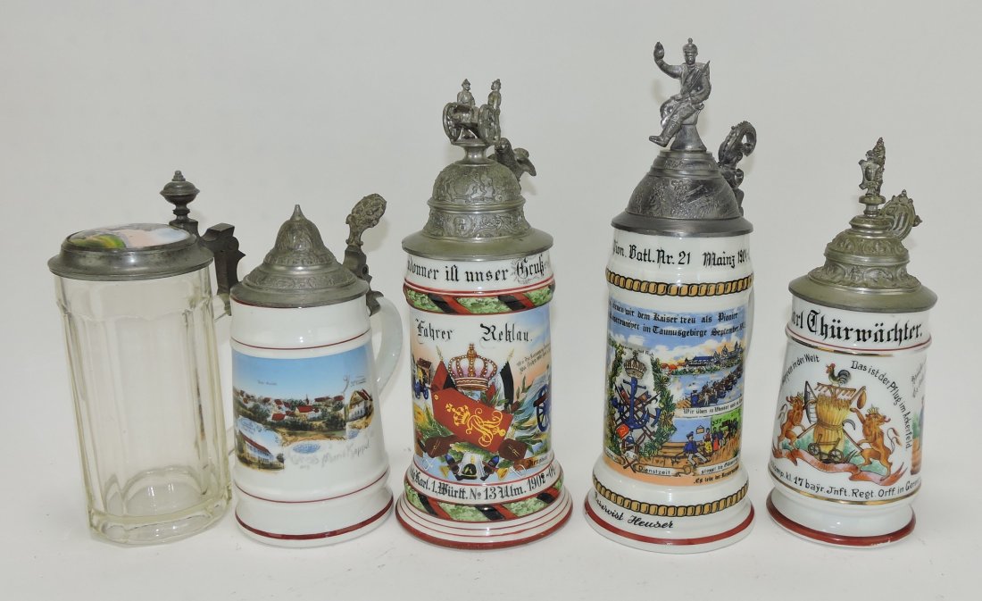 lot of 4 porcelain and 1 glass stein: .