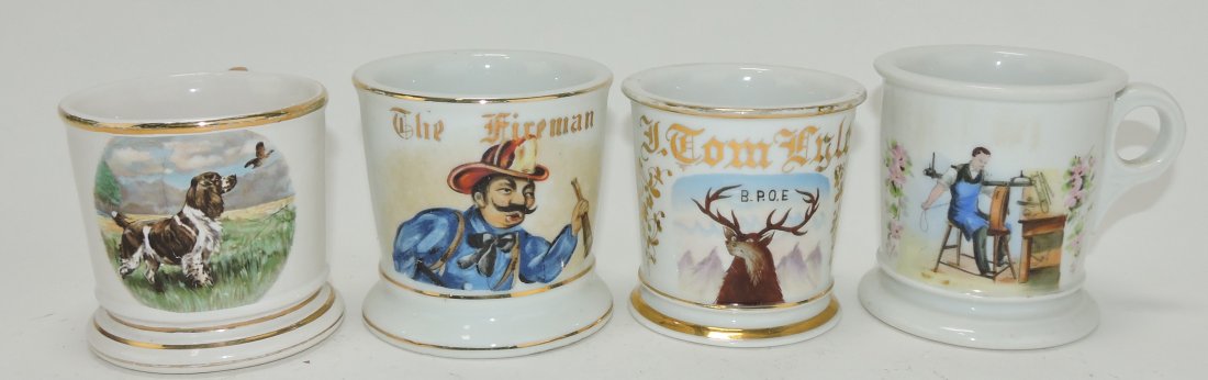 Lot of 4 shaving mugs: dog, fireman,: BPOE, harness maker