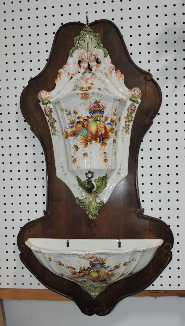 Faience lavabo on wood wall plaque, 35"h: .