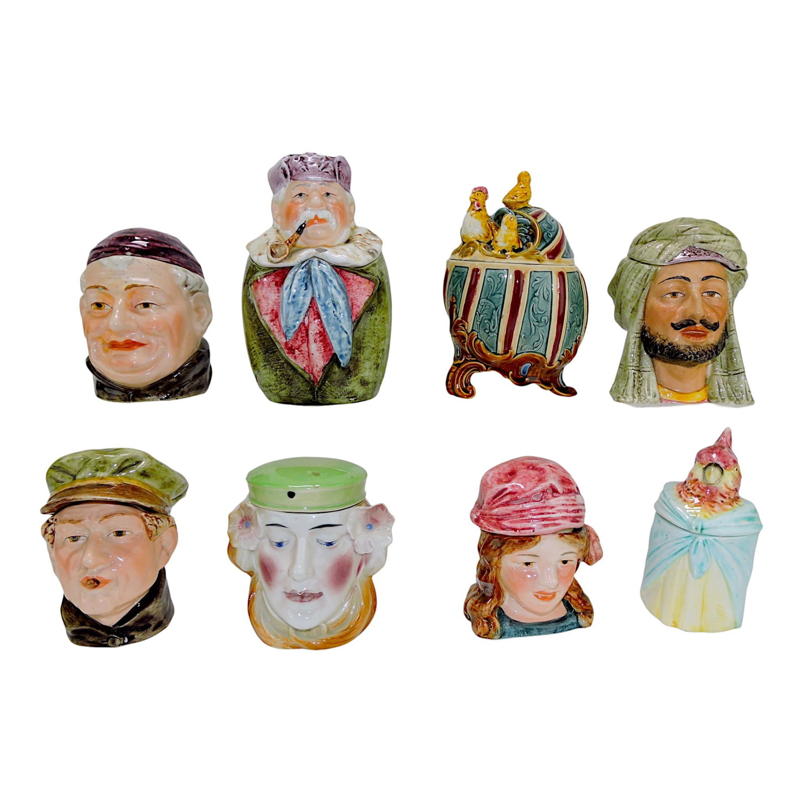 Continental majolica lot of 8 humidors,: various condition