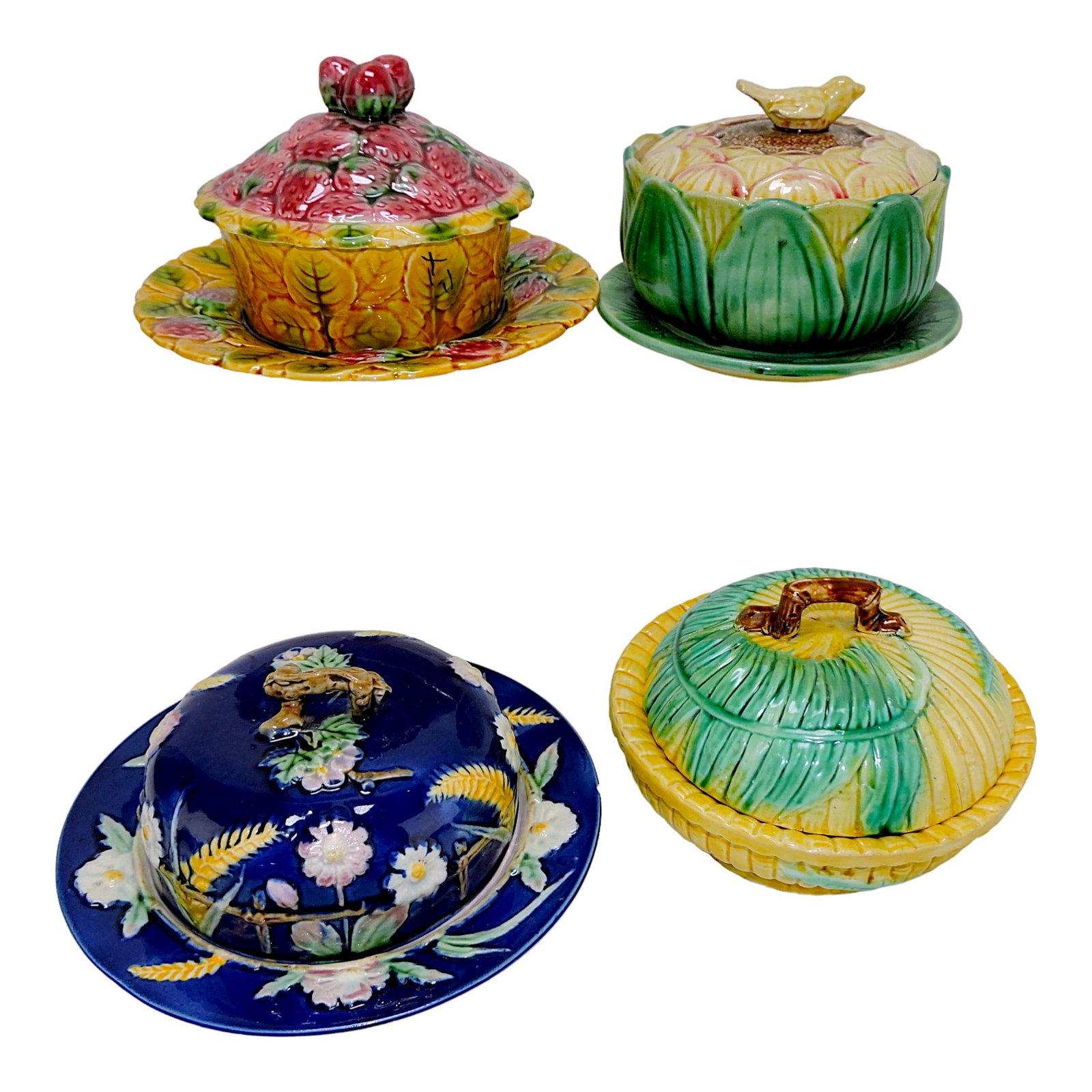 Majolica lot of 4 butter dishes, various: condition
