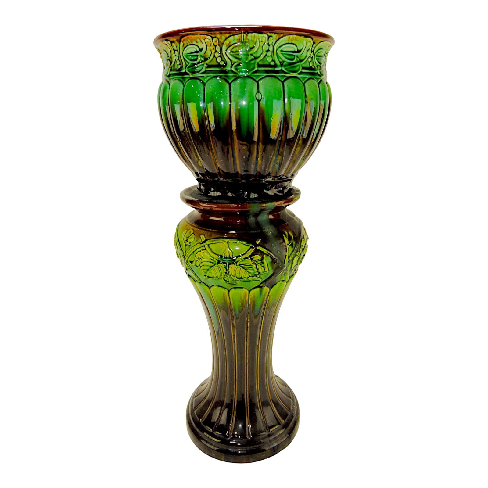 Majolica style jardiniere and pedestal,: some losses, 30"