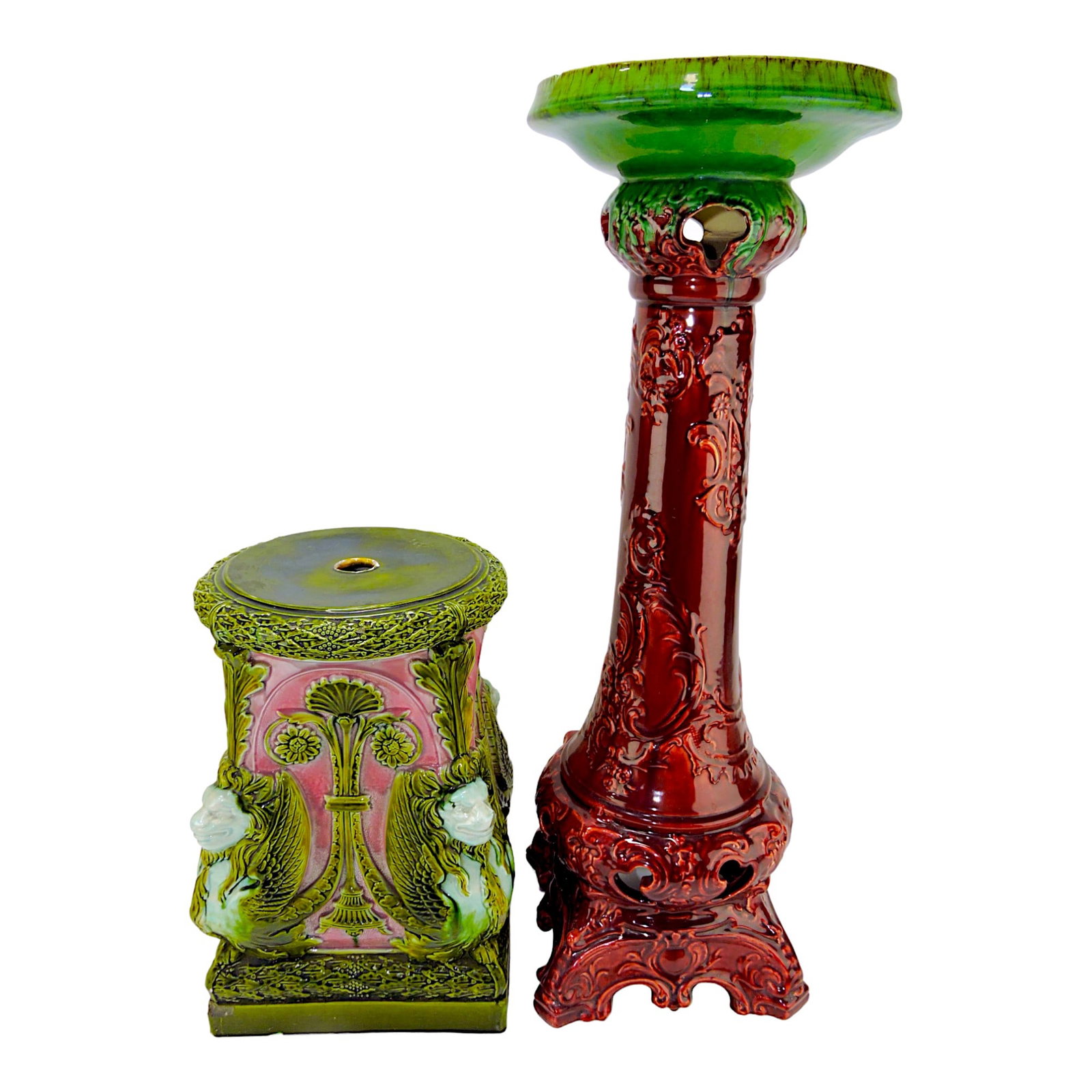 Wardle majolica pedestal with sphynx: on corners, 15 1/2", and majolica style pedestal 29", various condition