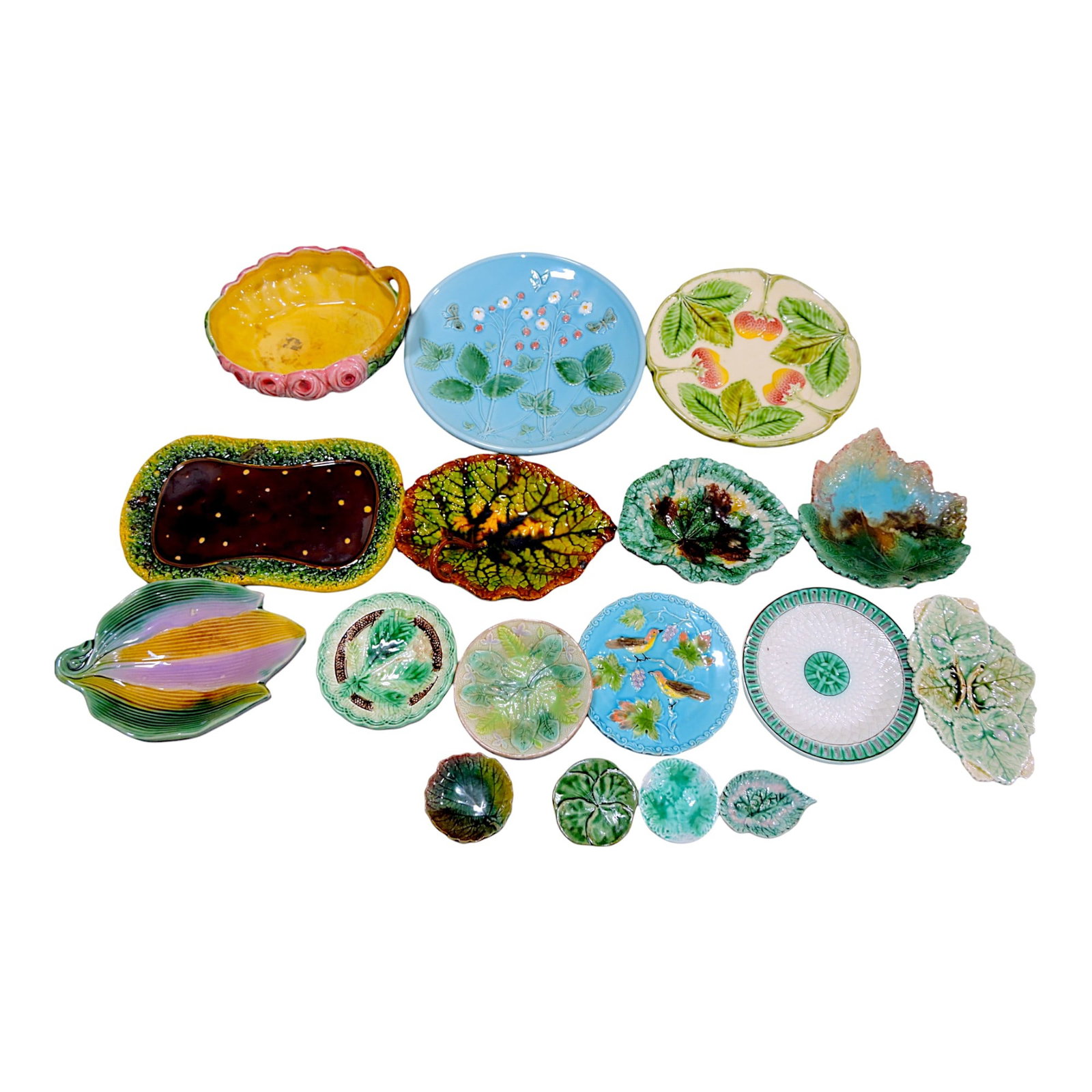 Majolica lot of 17 plates, trays, and: pots, various condition