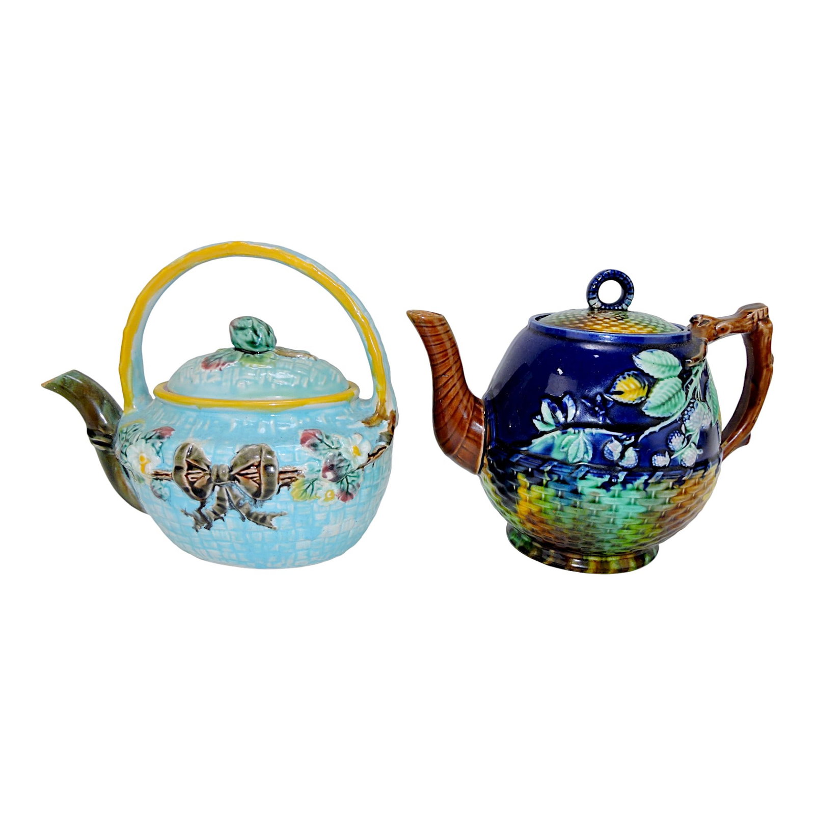 Majolica lot of 2 teapots: .