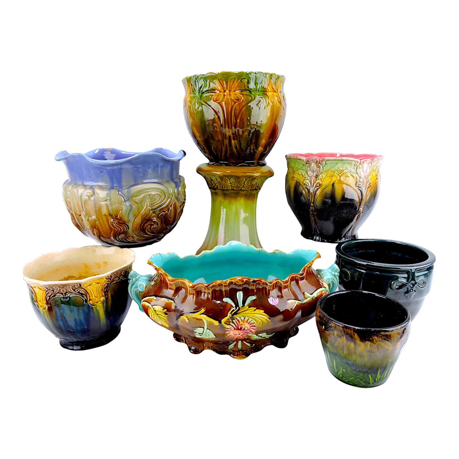 Majolica and majolica style lot of: 8 jardinieres and pedestal, various condition