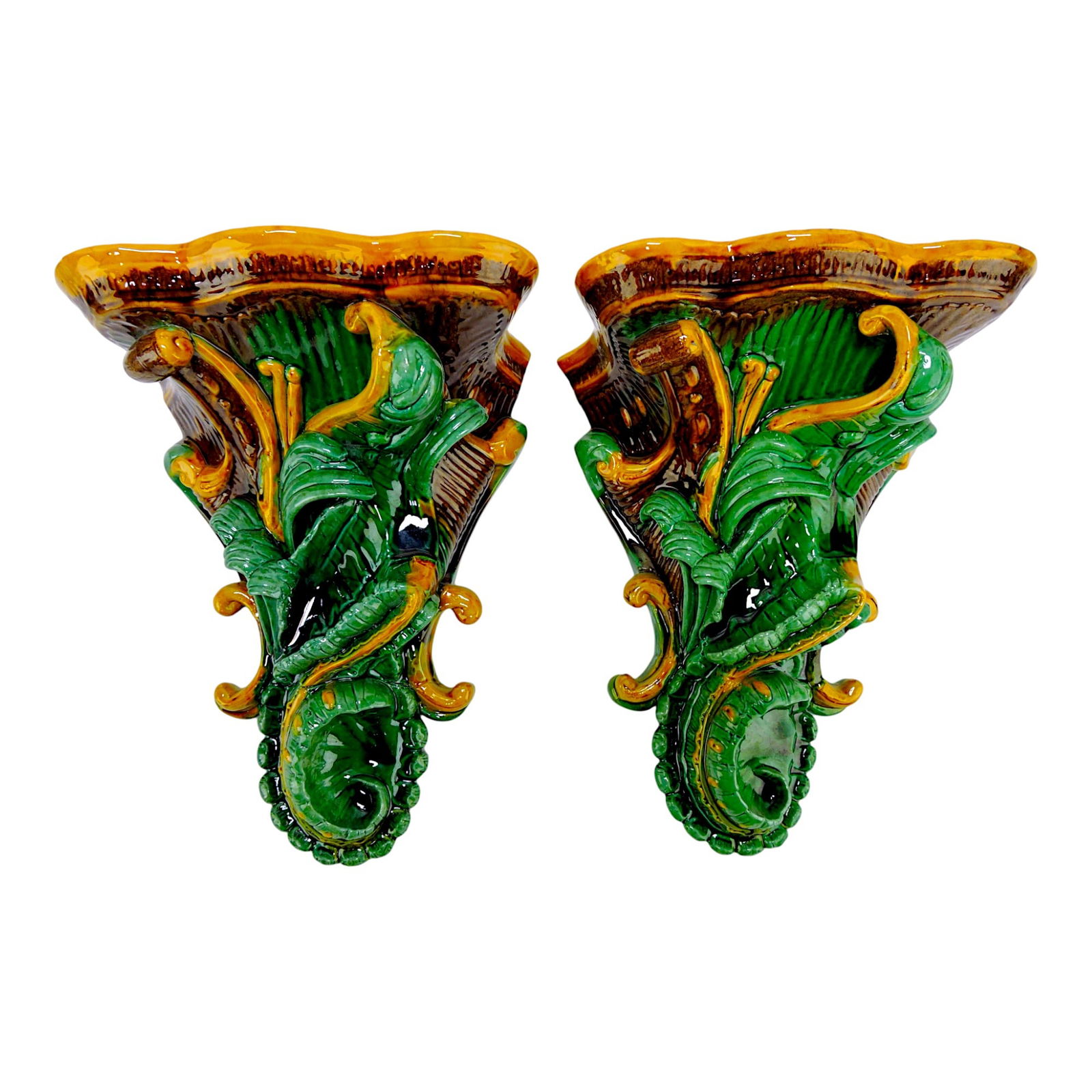 Majolica style pair of contemporary: bracket shelves, 15"h, 8"d, 10"w