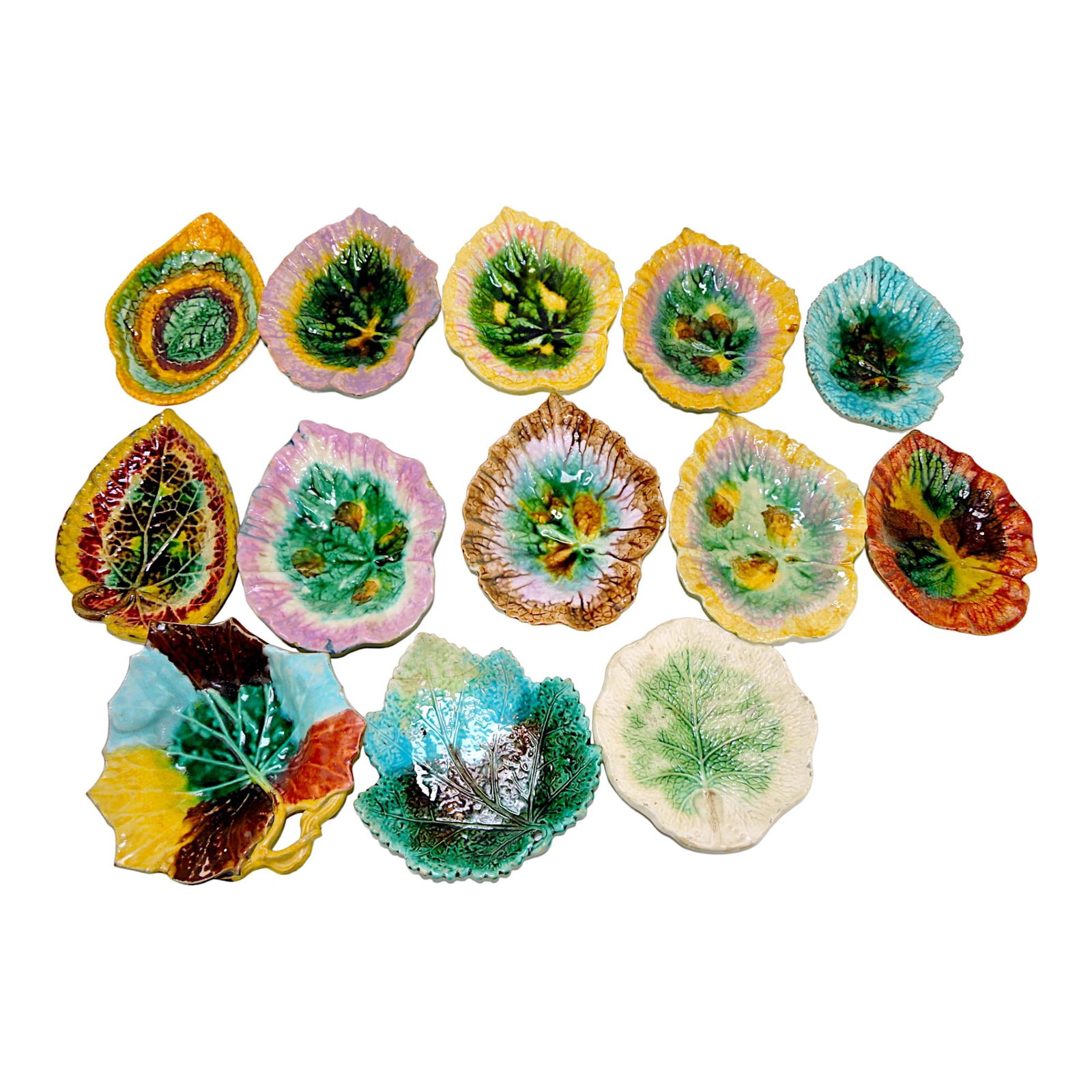 Majolica lot of 13 leaf trays, various (1 of 1)