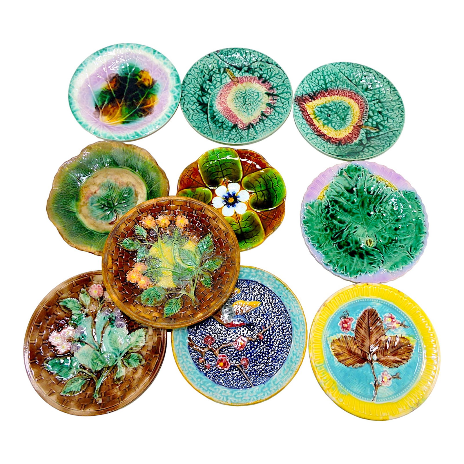 Majolica lot of 10 plates, various condition: .