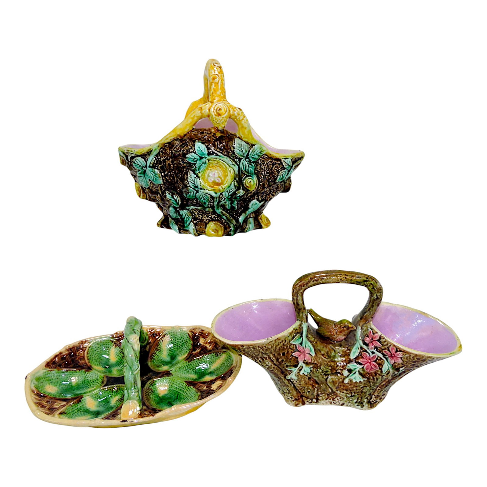 Majolica lot of 3 baskets, various: condition