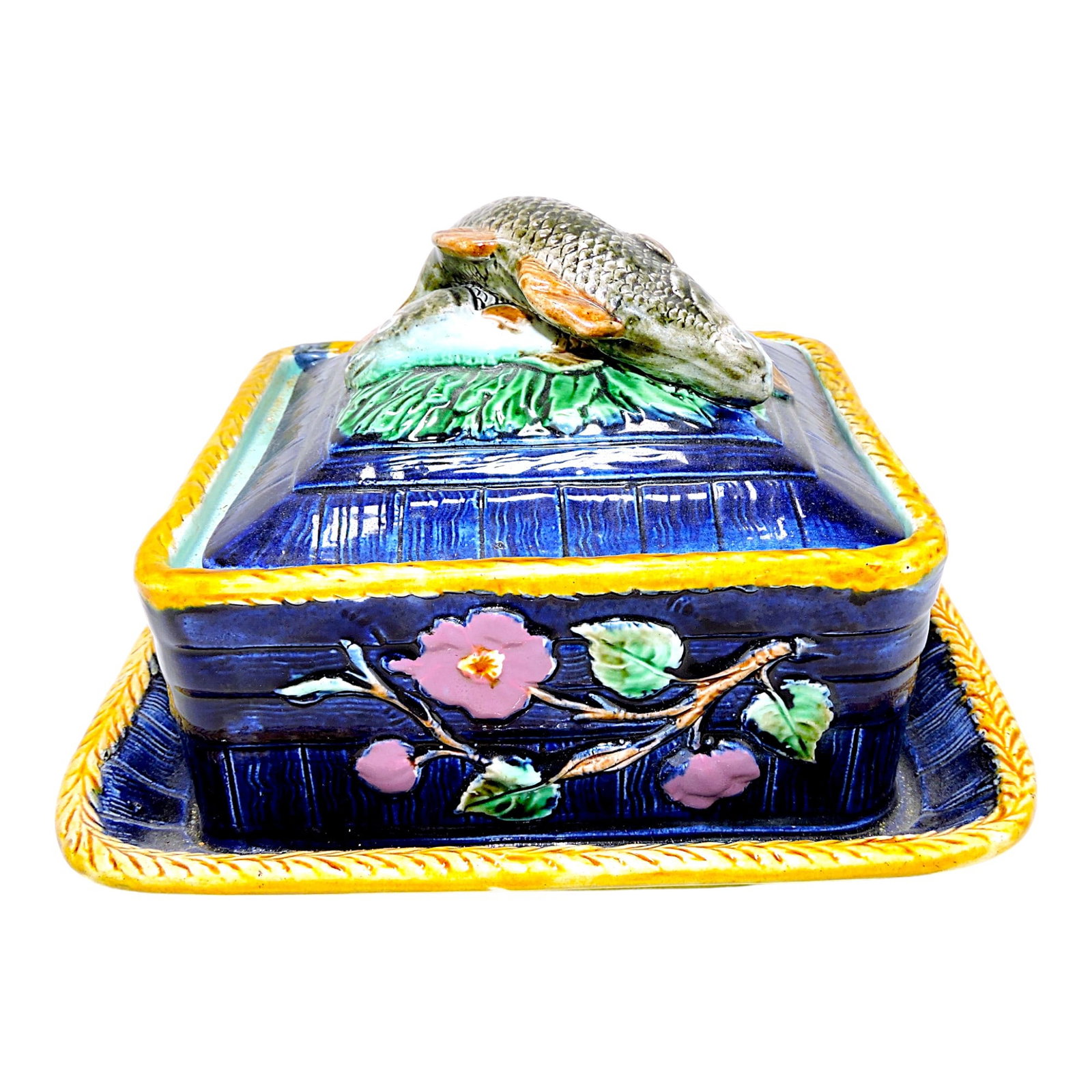 Majolica cobalt sardine box, professional: rim repair