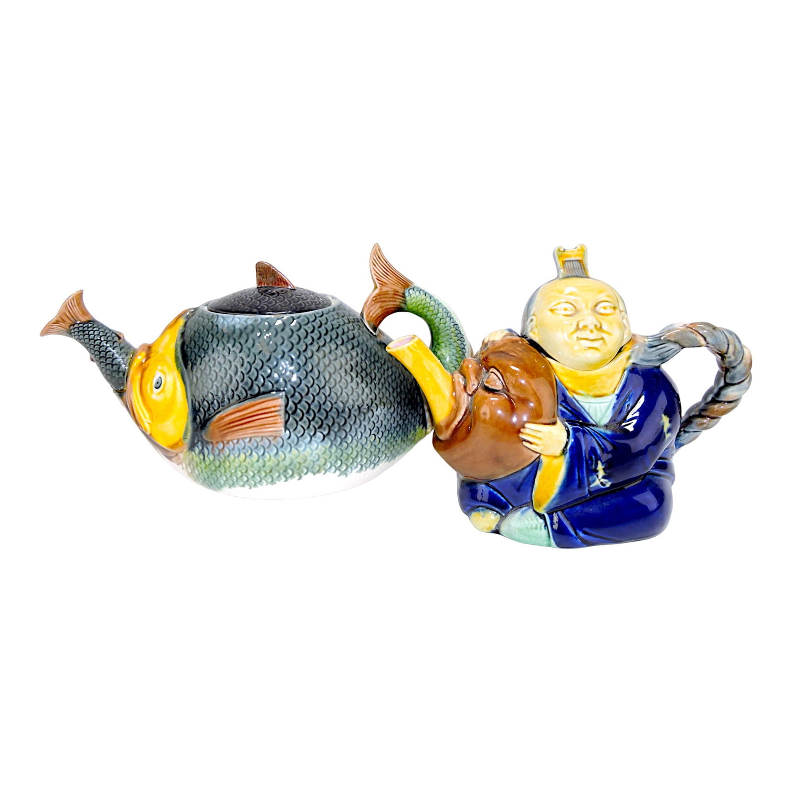 Adams & Bromley fish teapot AND: Chinaman teapot, various condition