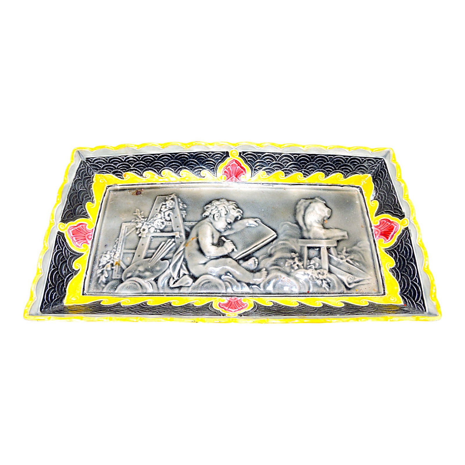T.C. Brown Westhead Moore & Co: 9" tray with scene of artist in studio, 4 ball feet