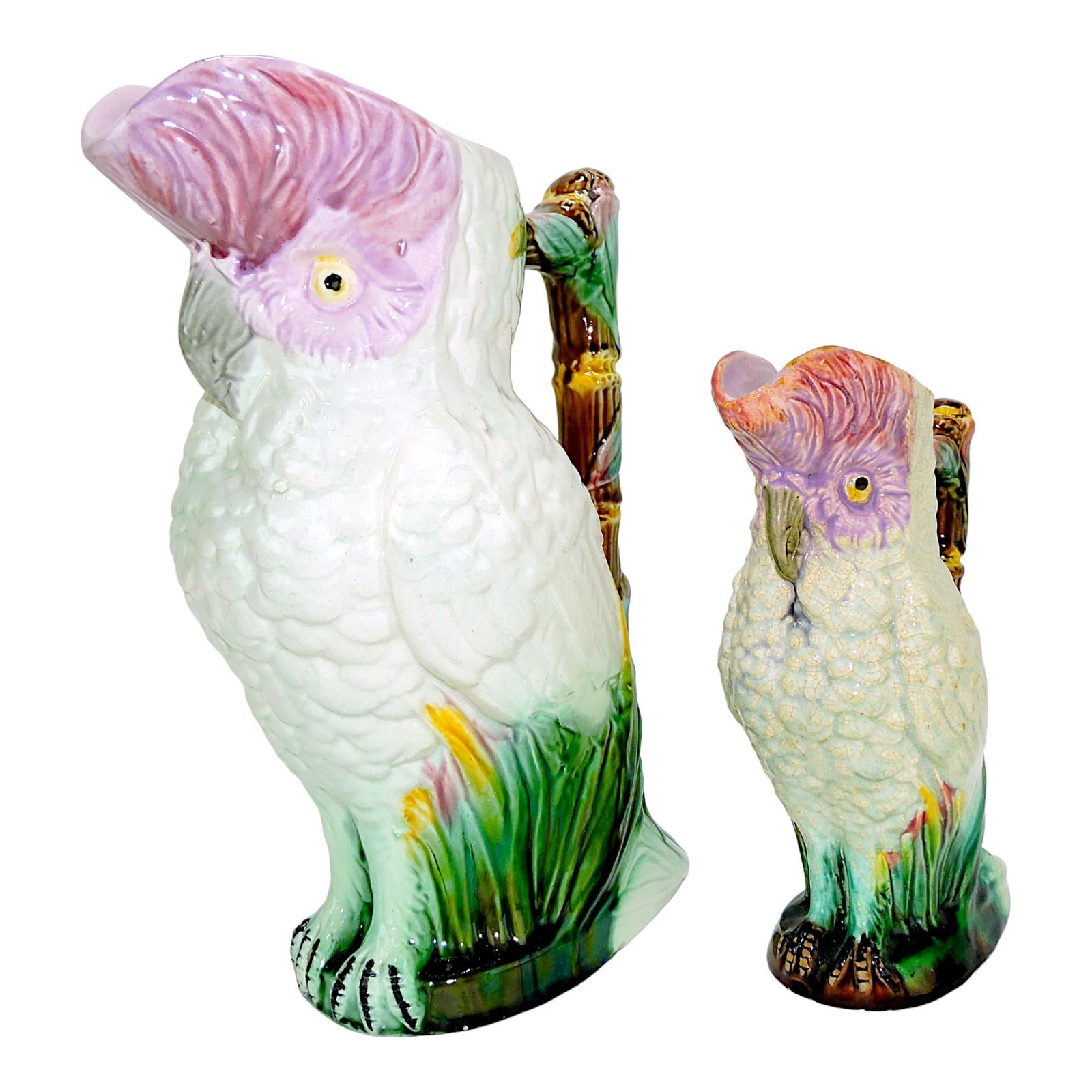 Majolica lot of 2 parrot figural pitchers, (1 of 1)