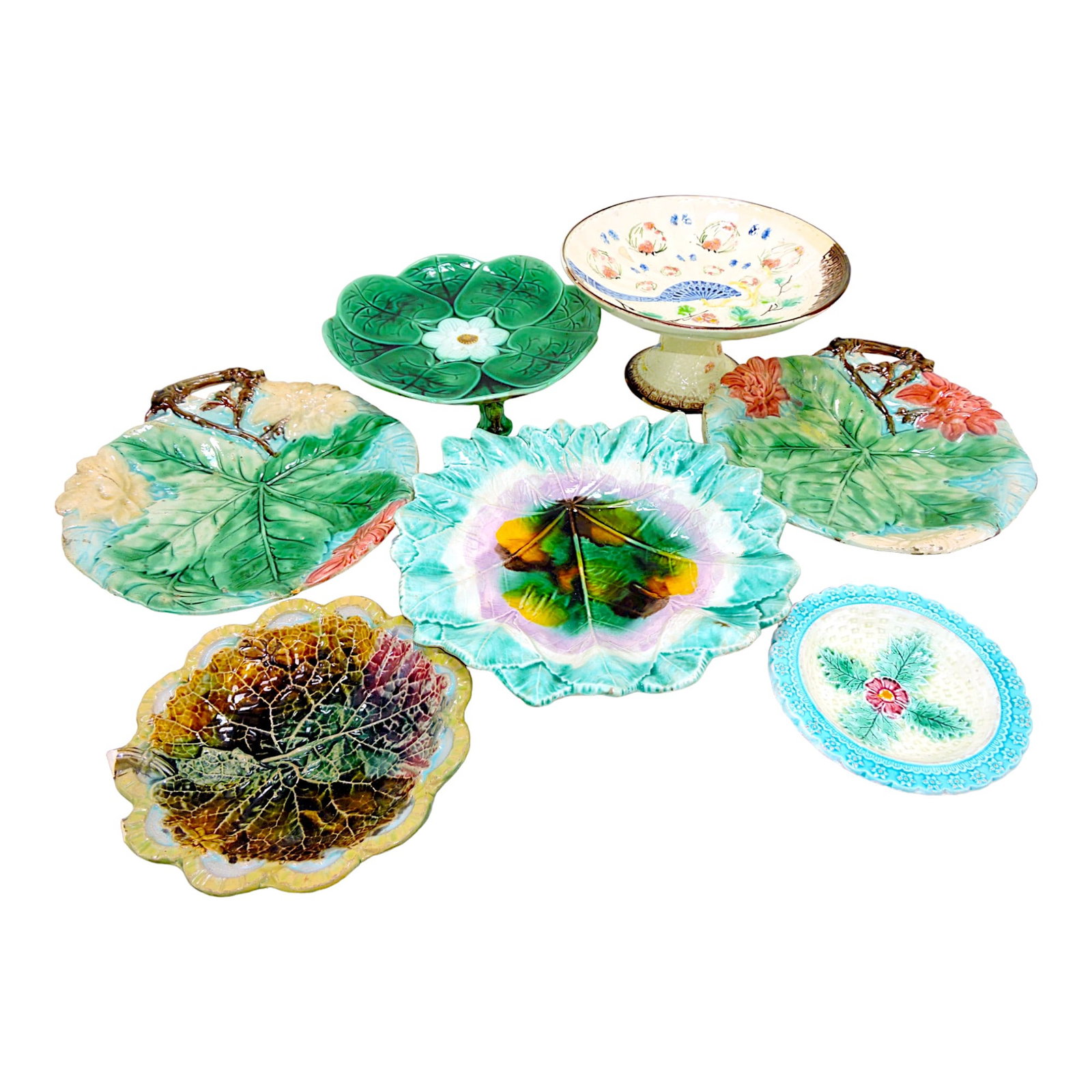 Majolica lot of 7 comports, bowls, and: servers, various condition
