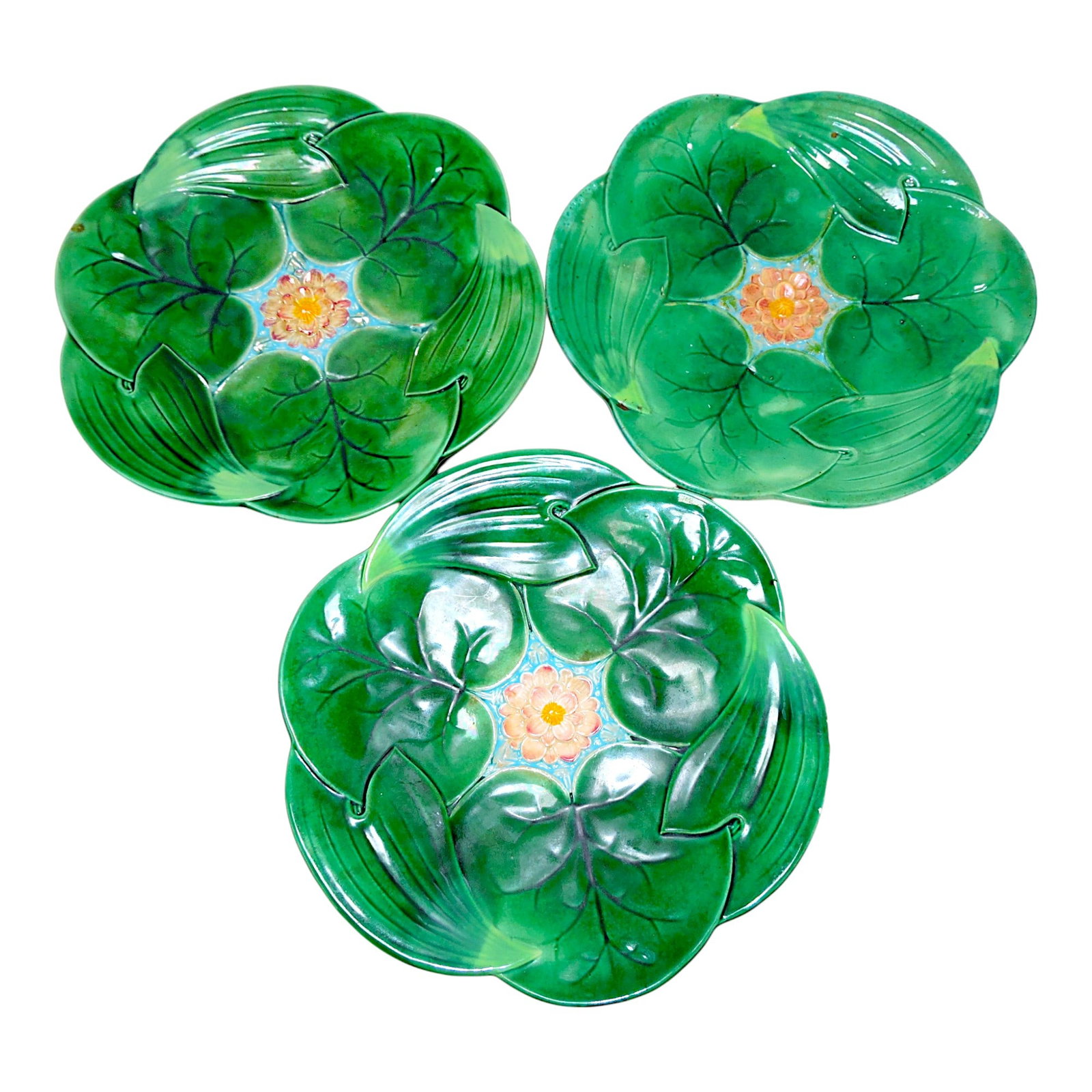 George Jones majolica lot of 3: pond lily 9" plates, surface wear