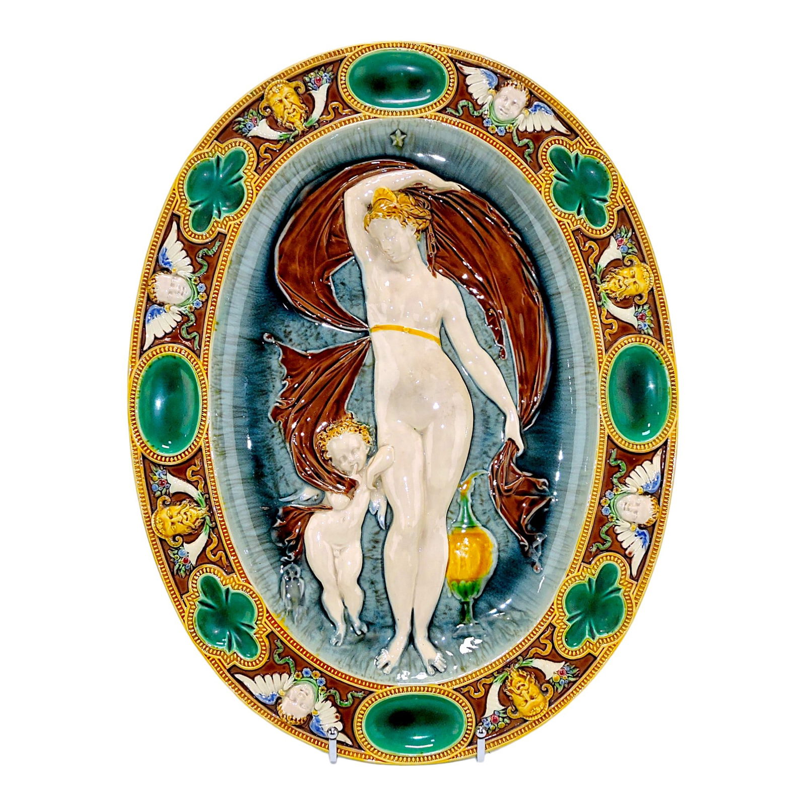 Minton majolica Renaissance style: oval Palissy ware tray with a nude goddess and putto, 19 1/4"