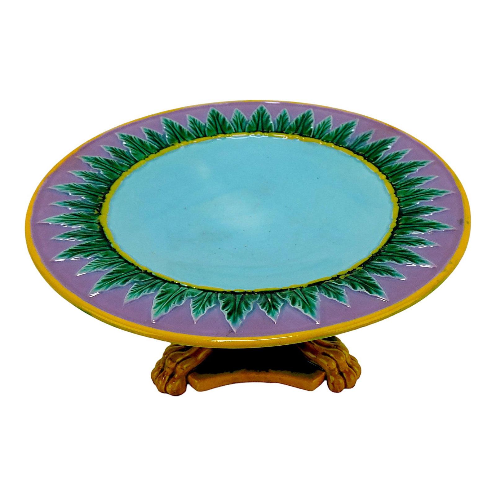 George Jones pink acanthus leaf: comport with paw feet, 9 1/4"d, 5"h