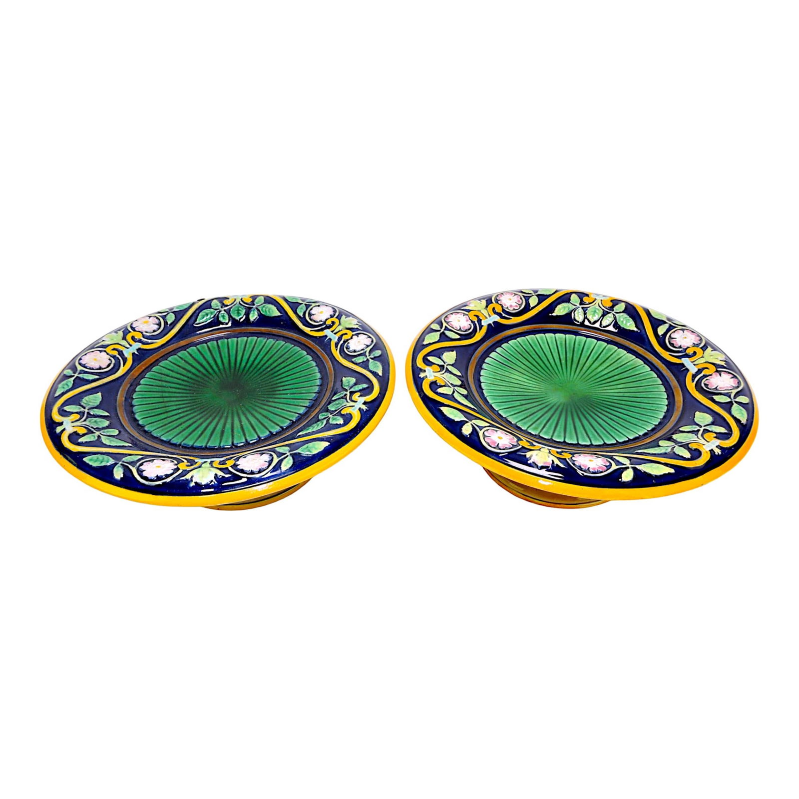 George Jones majolica pair of cobalt: floral low comports, one with early style repair, 9"d, 3"h