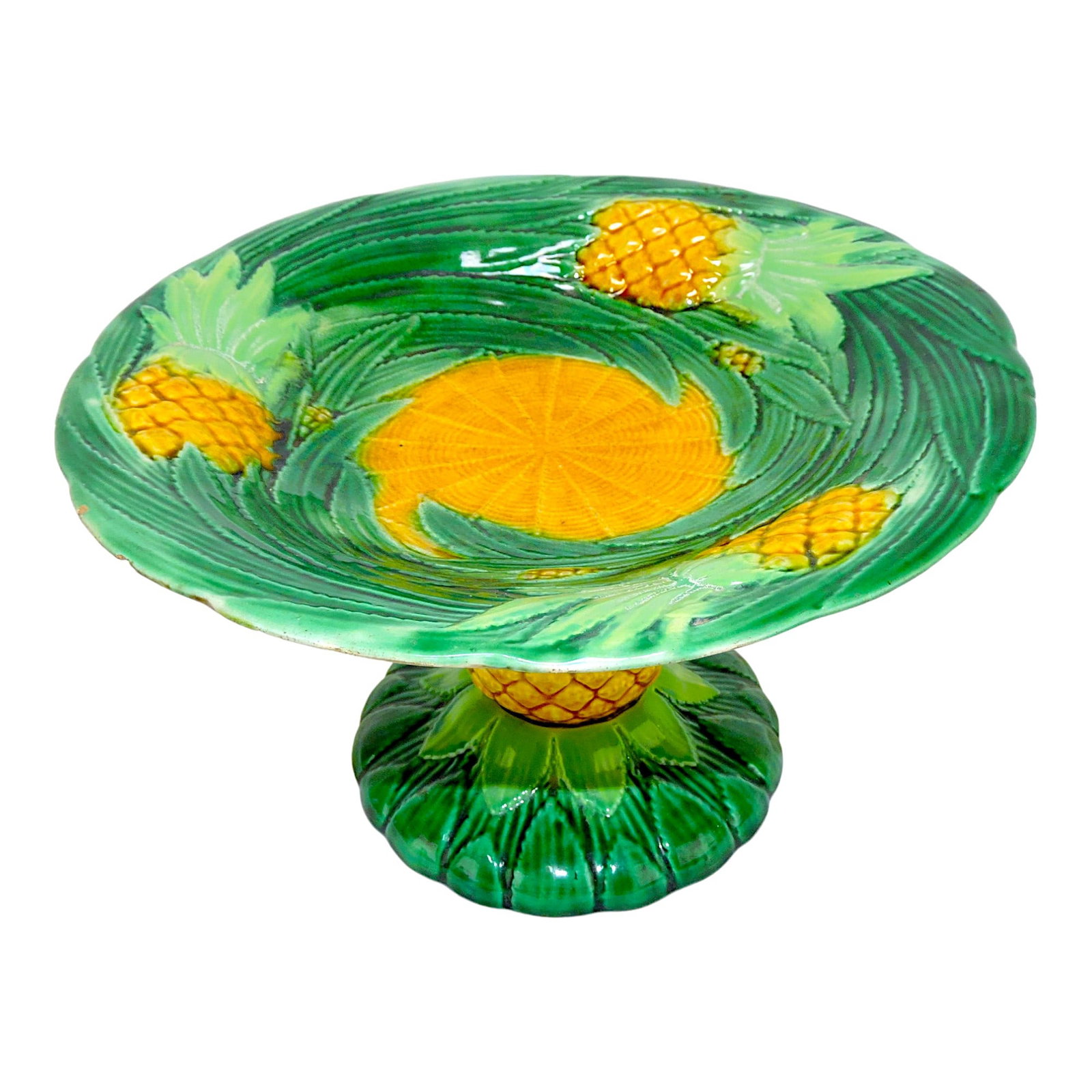 George Jones majolica pineapple: comport, 9 1/2"d, 6"h, rim chips to plate