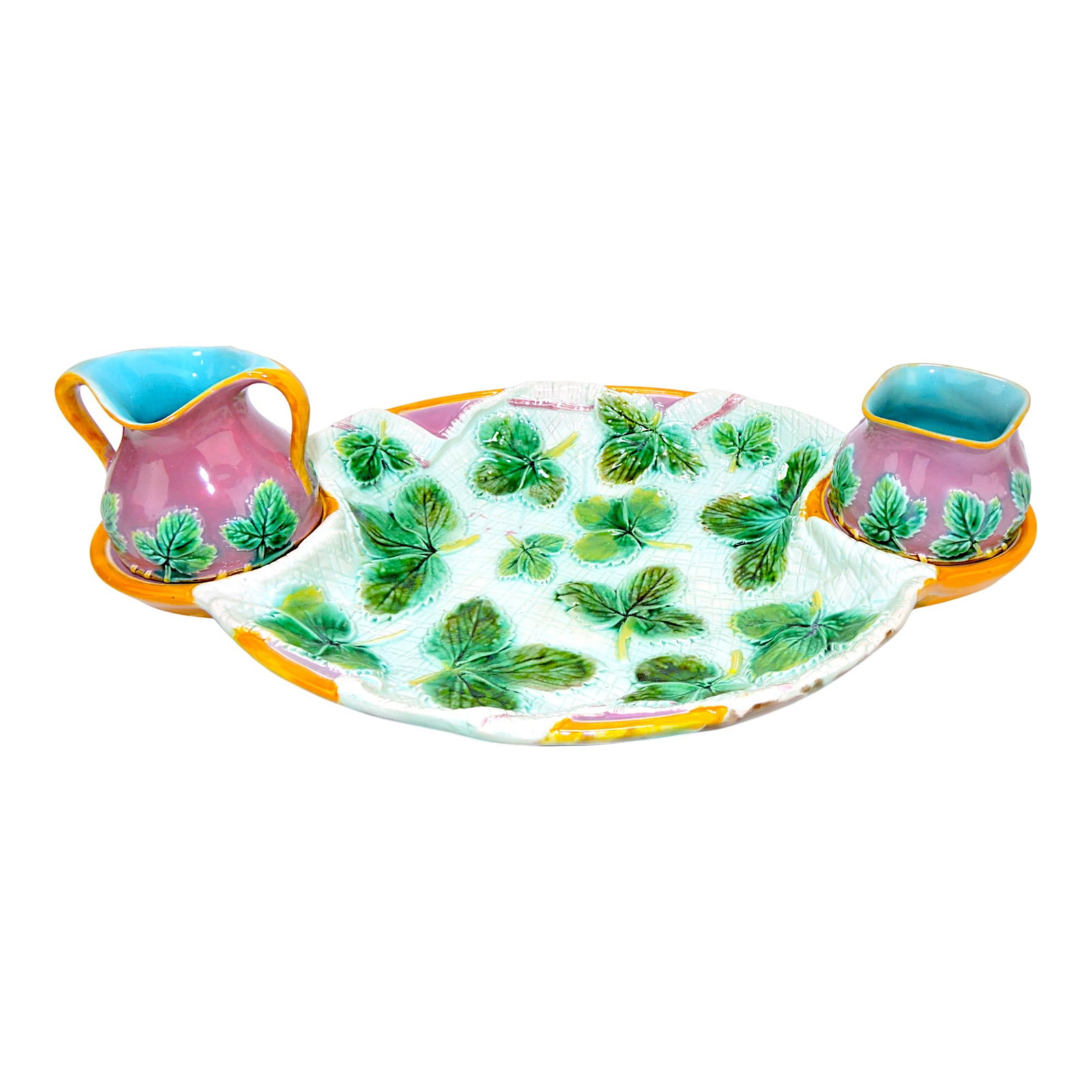 George Jones majolica pink napkin: strawberry server with cream & sugar, 14 1/2"