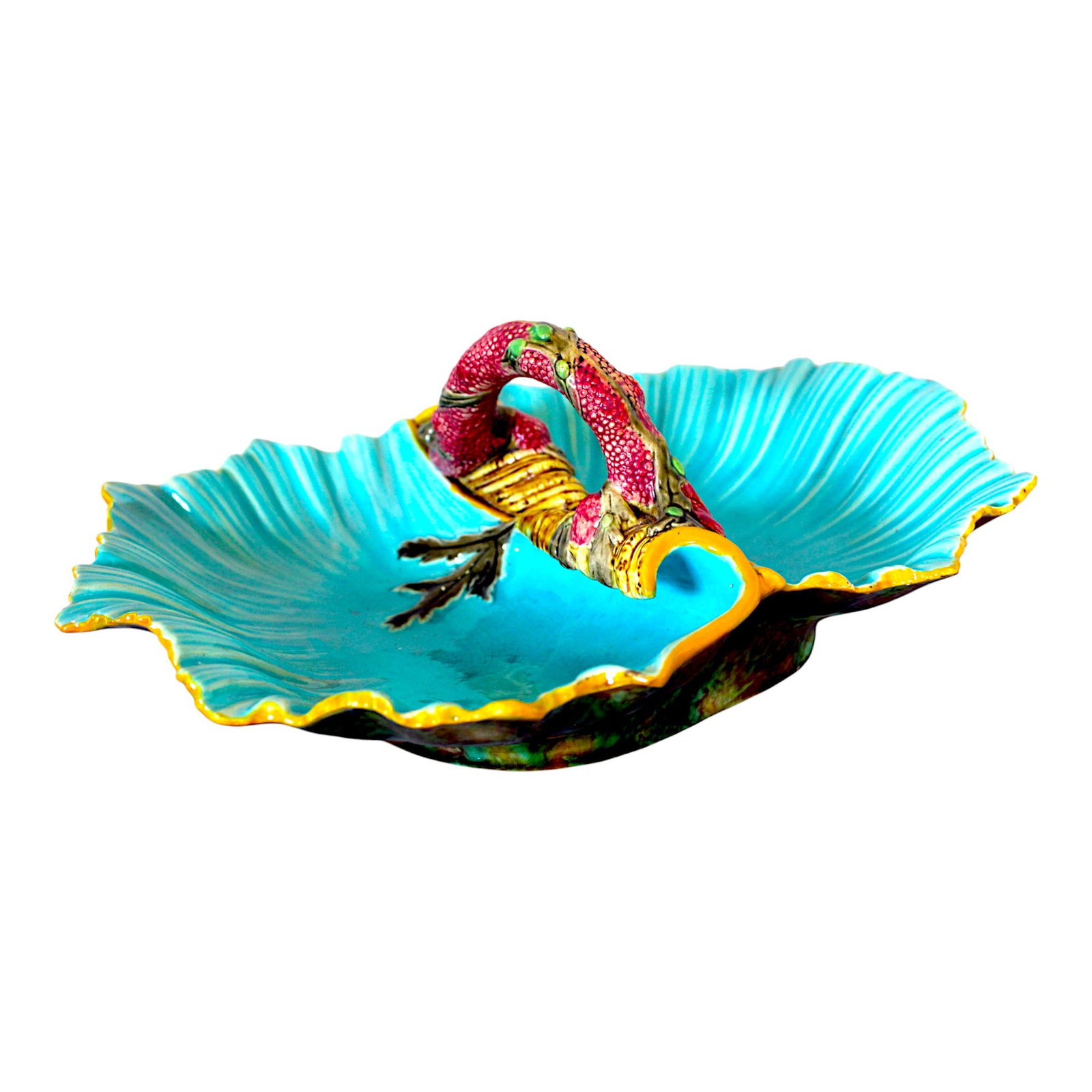 George Jones majolica corral and: shell bowl with a coral and seaweed handle, turquoise interior ,12½”l, shape no.2273