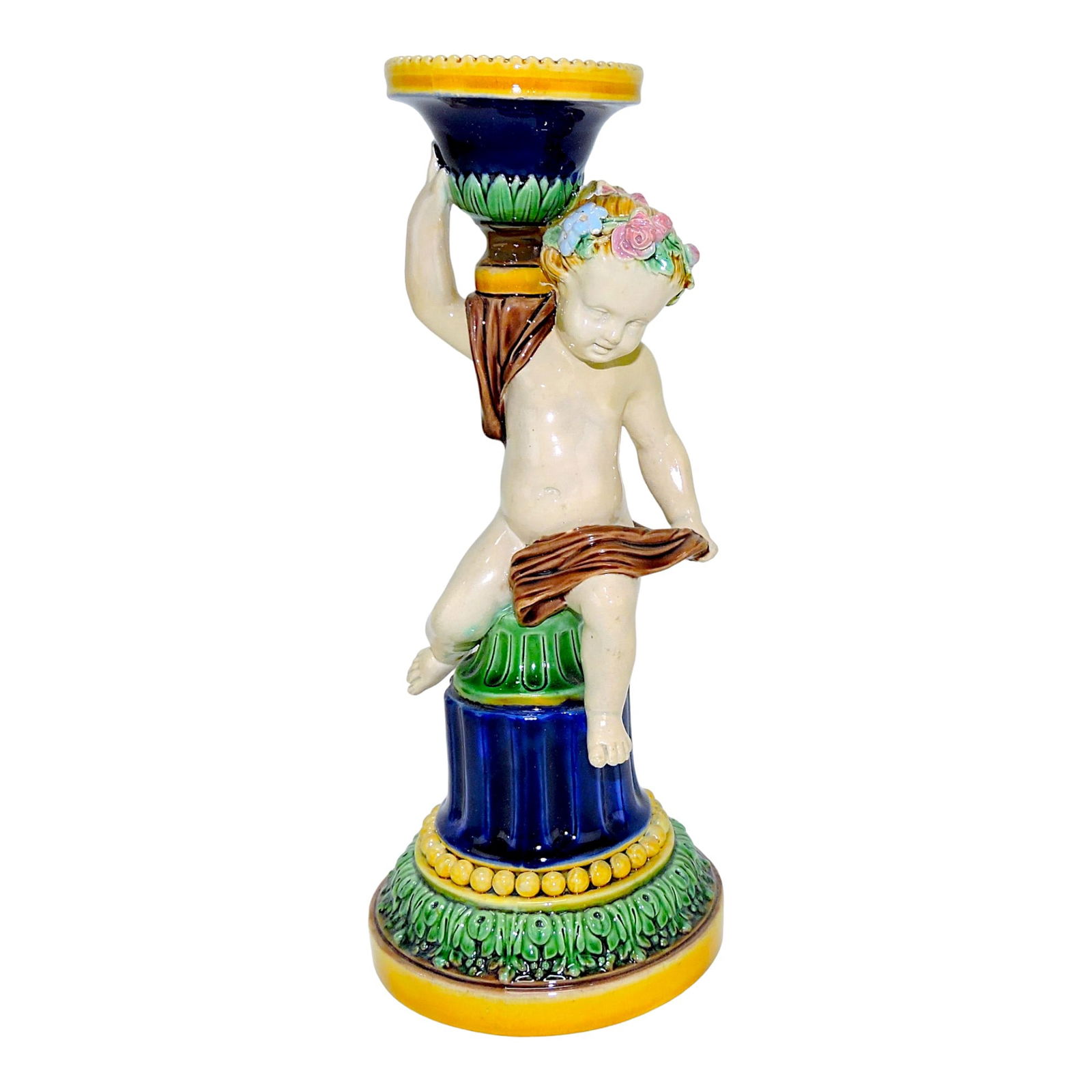 Minton majolica putti candle stick, 10 1/2" (1 of 2)