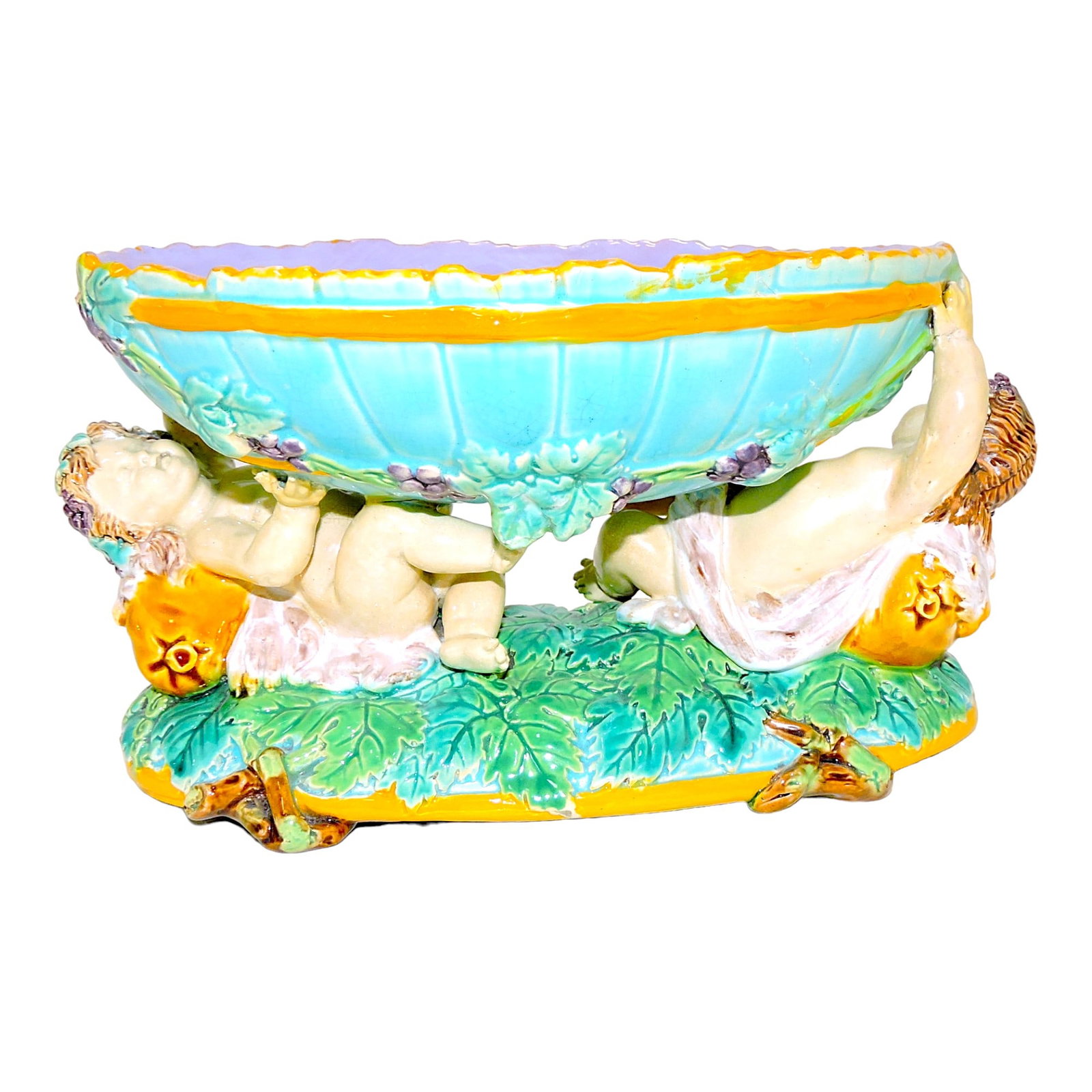 George Jones majolica sweet meat: server with two recumbent putti supporting oval bowl, professional repair to bowl, 8"l, 4 1/2"h