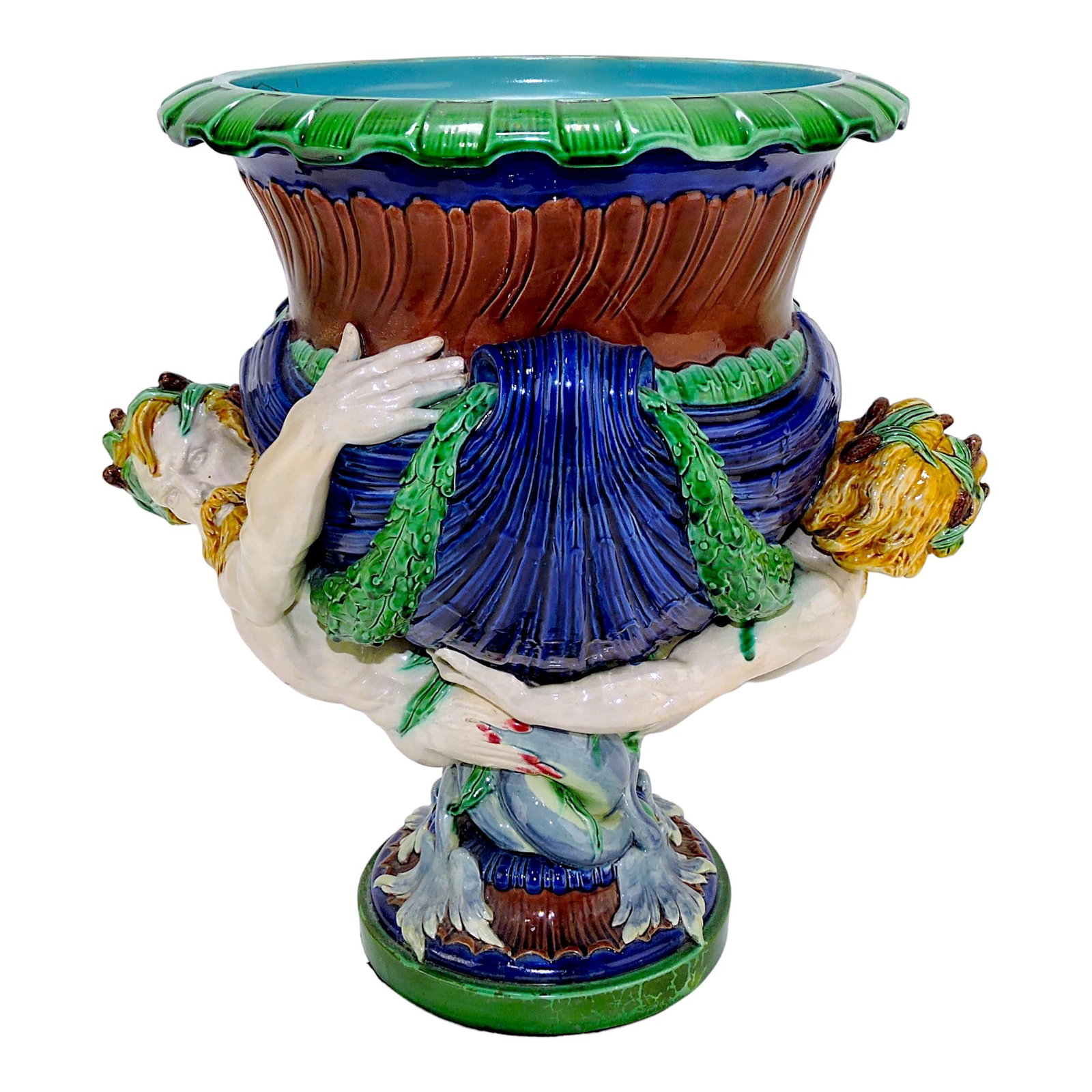 Minton majolica 'Marine' wine cooler,: designed by Albert Carrier Belleuse with two mermen supporting campana body, old restorations