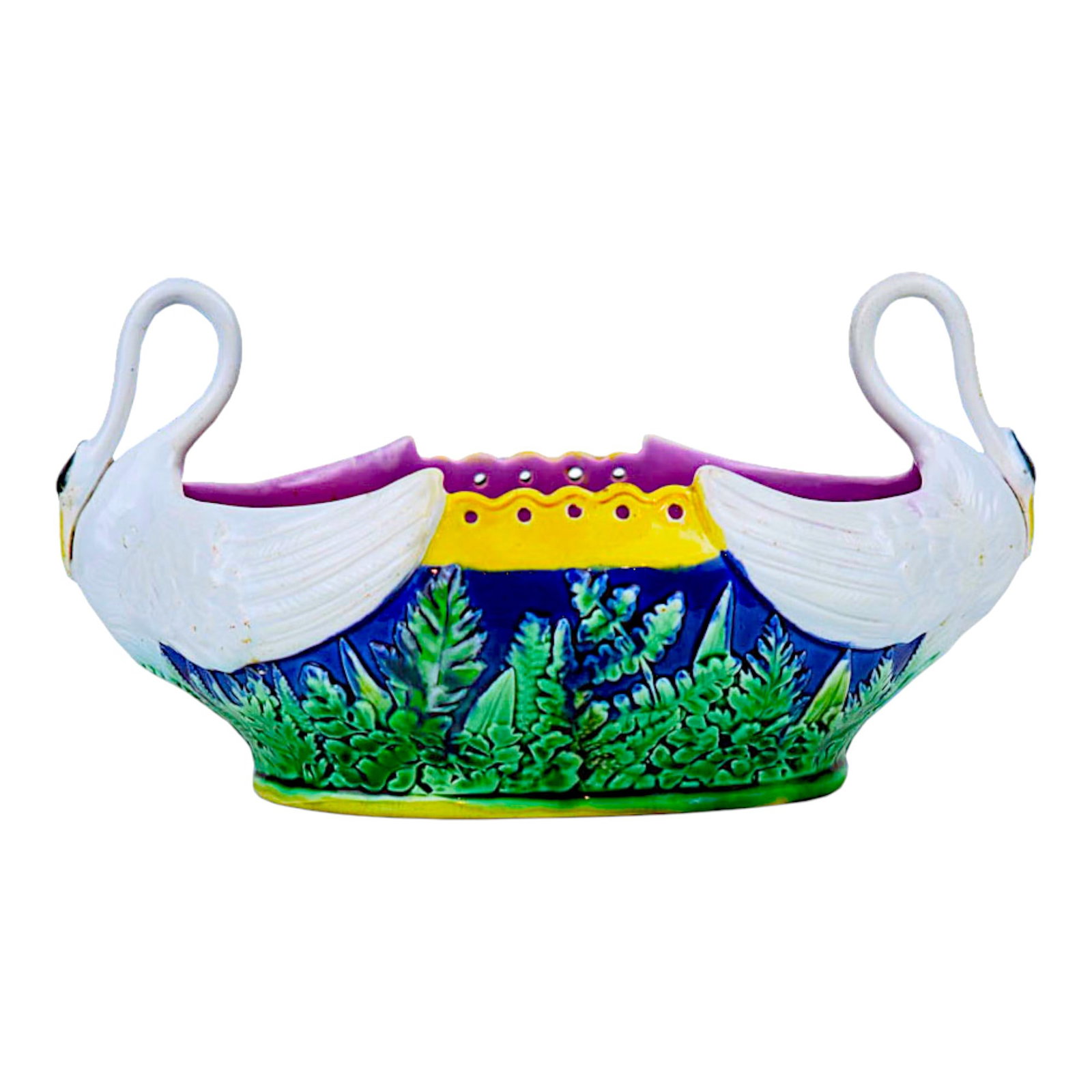 Adams and Bromley Majolica Swans: Posy Vase c.1875. The oval body with a swan with outstretched wings to each end. Provenance: Nick Boston Antiques