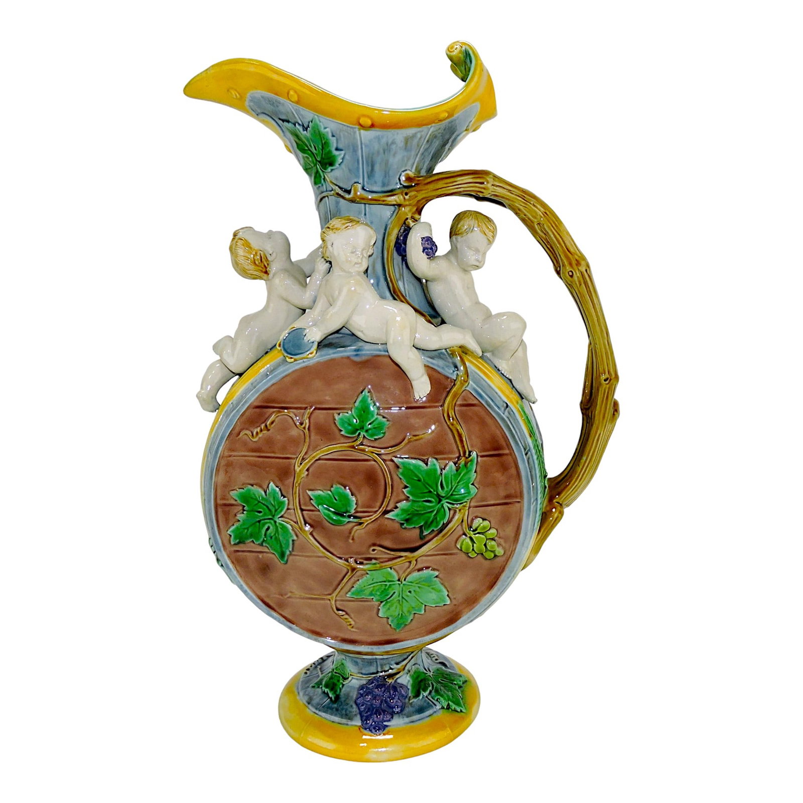 Minton majolica Protat wine ewer with: cherubs, shape no. 900, 15"