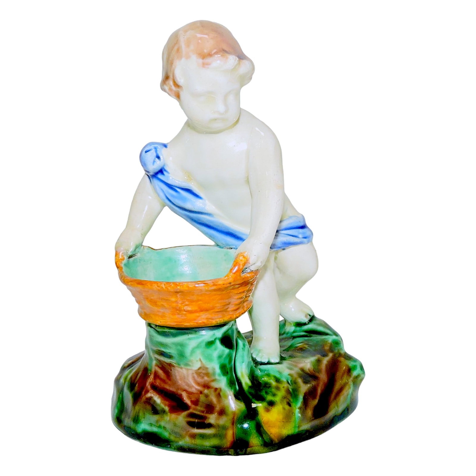 Wedgwood majolica cherub with basket: figural salt