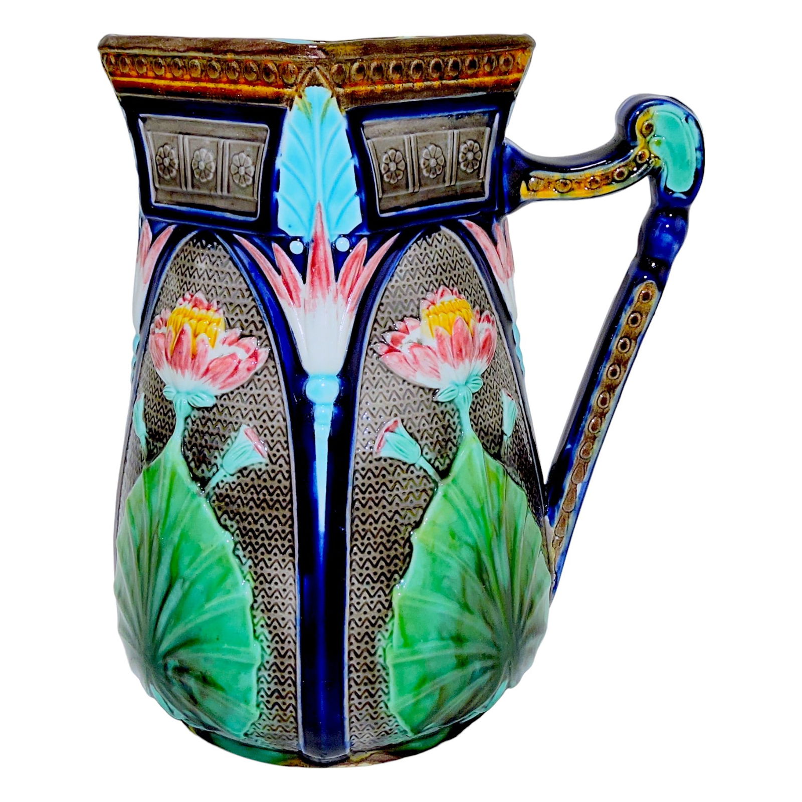 Copeland majolica lotus pitcher, (1 of 2)