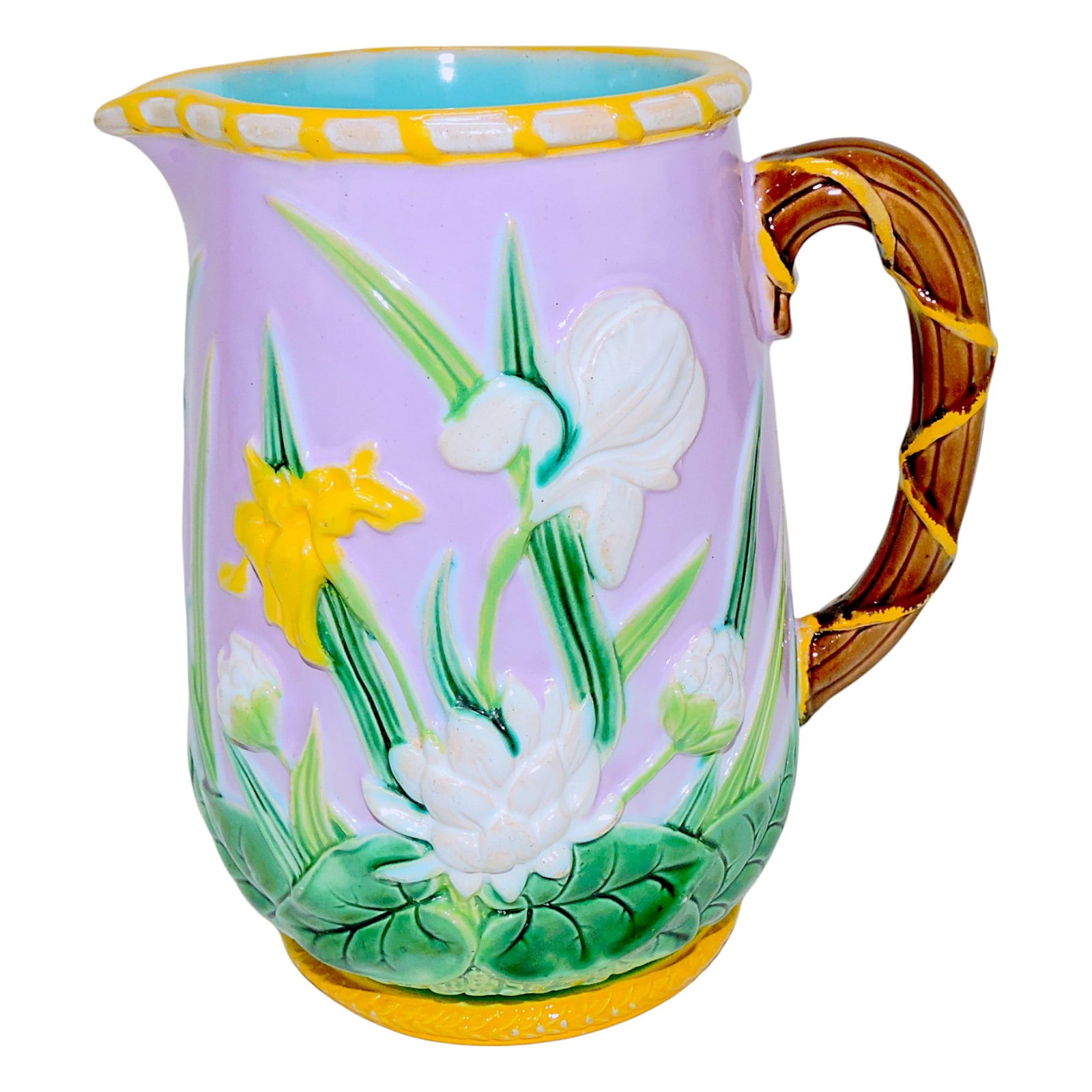 George Jones majolica iris and water: lily 8" pitcher with pink ground