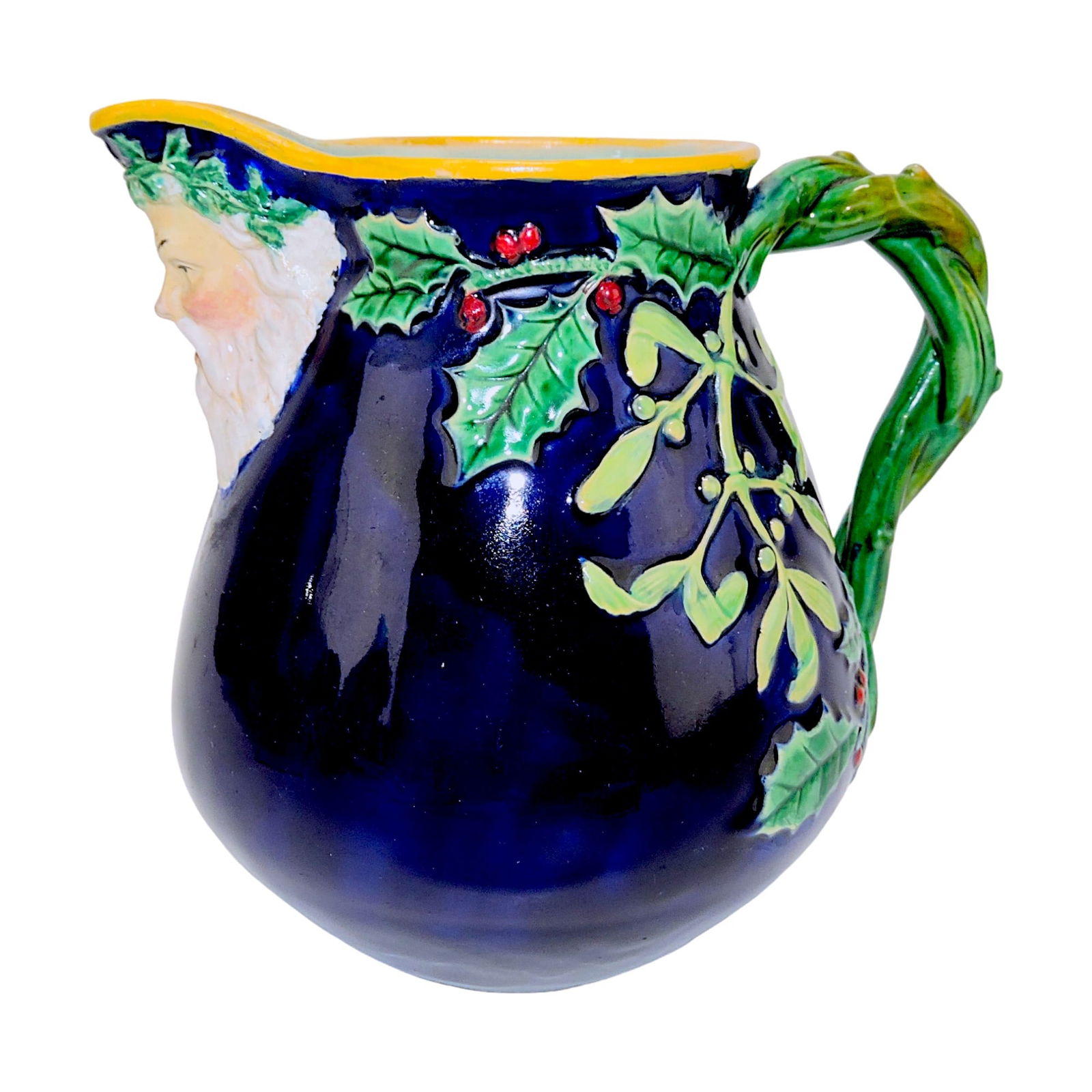 George Jones majolica cobalt Christmas: jug, 6", spout repair