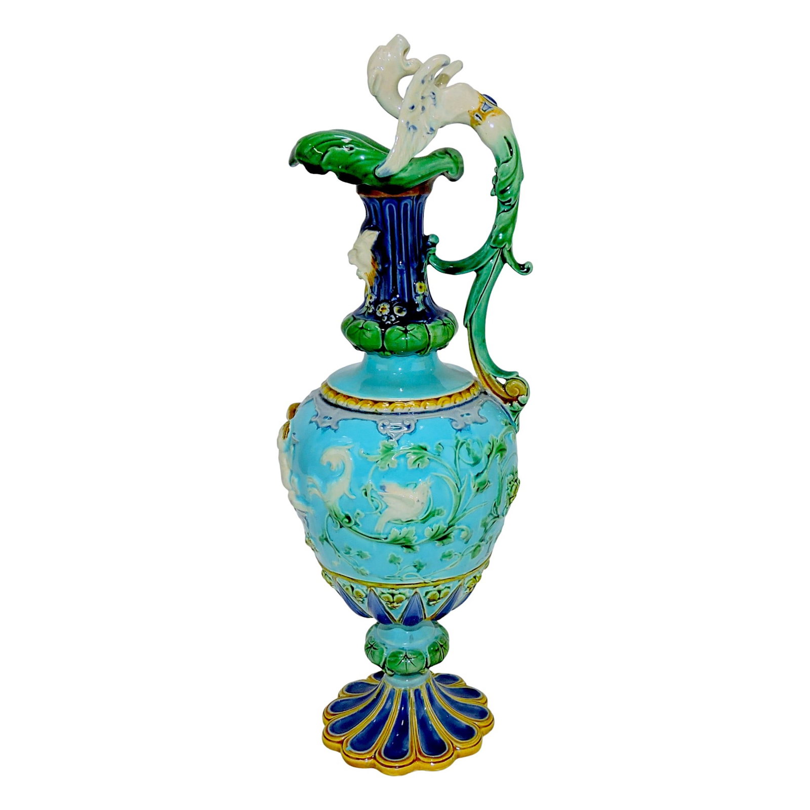 Minton majolica 'Cellini' ewer with: dragon handle, shape no. 472, 13"