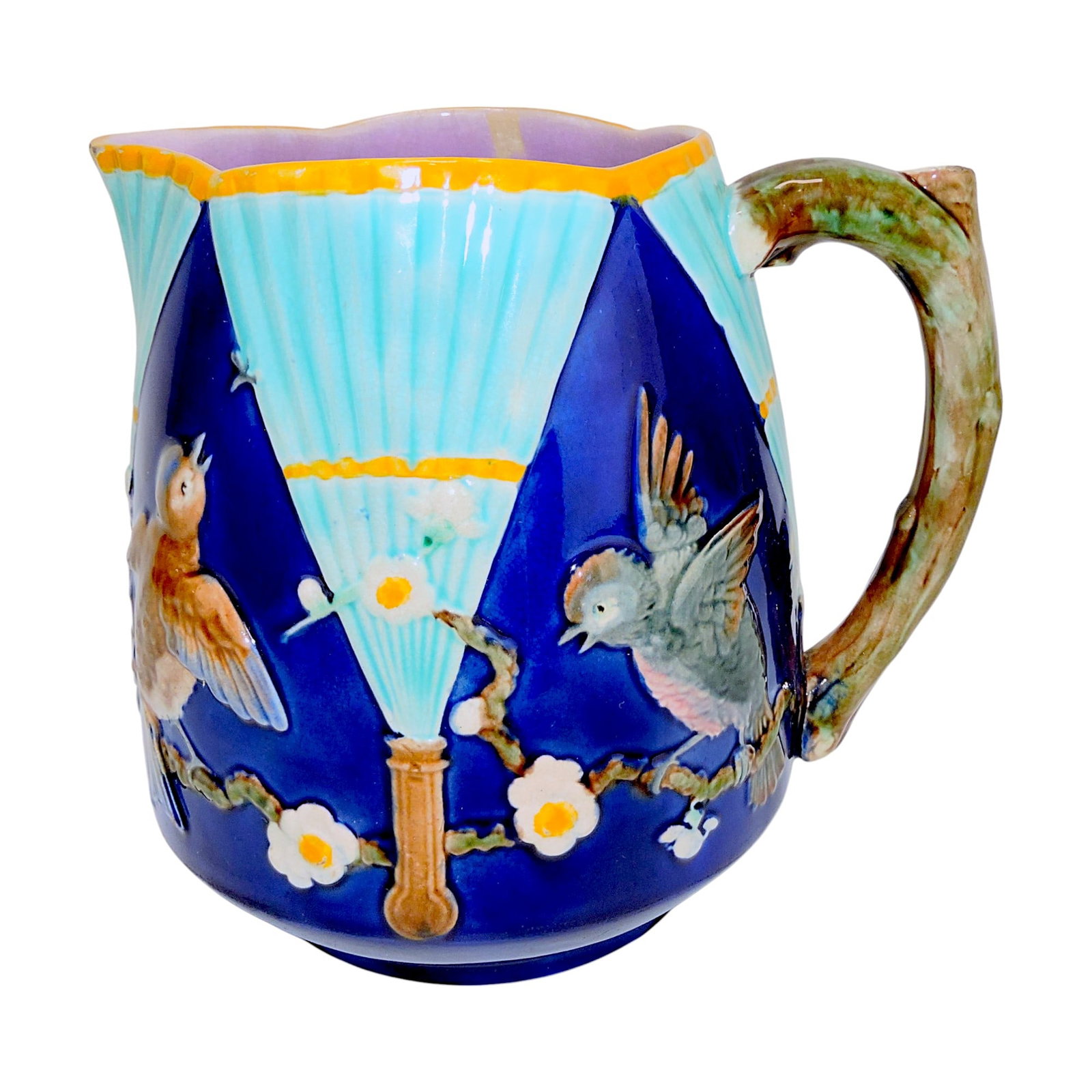 Wedgwood majolica cobalt bird and: fan pitcher, 7"