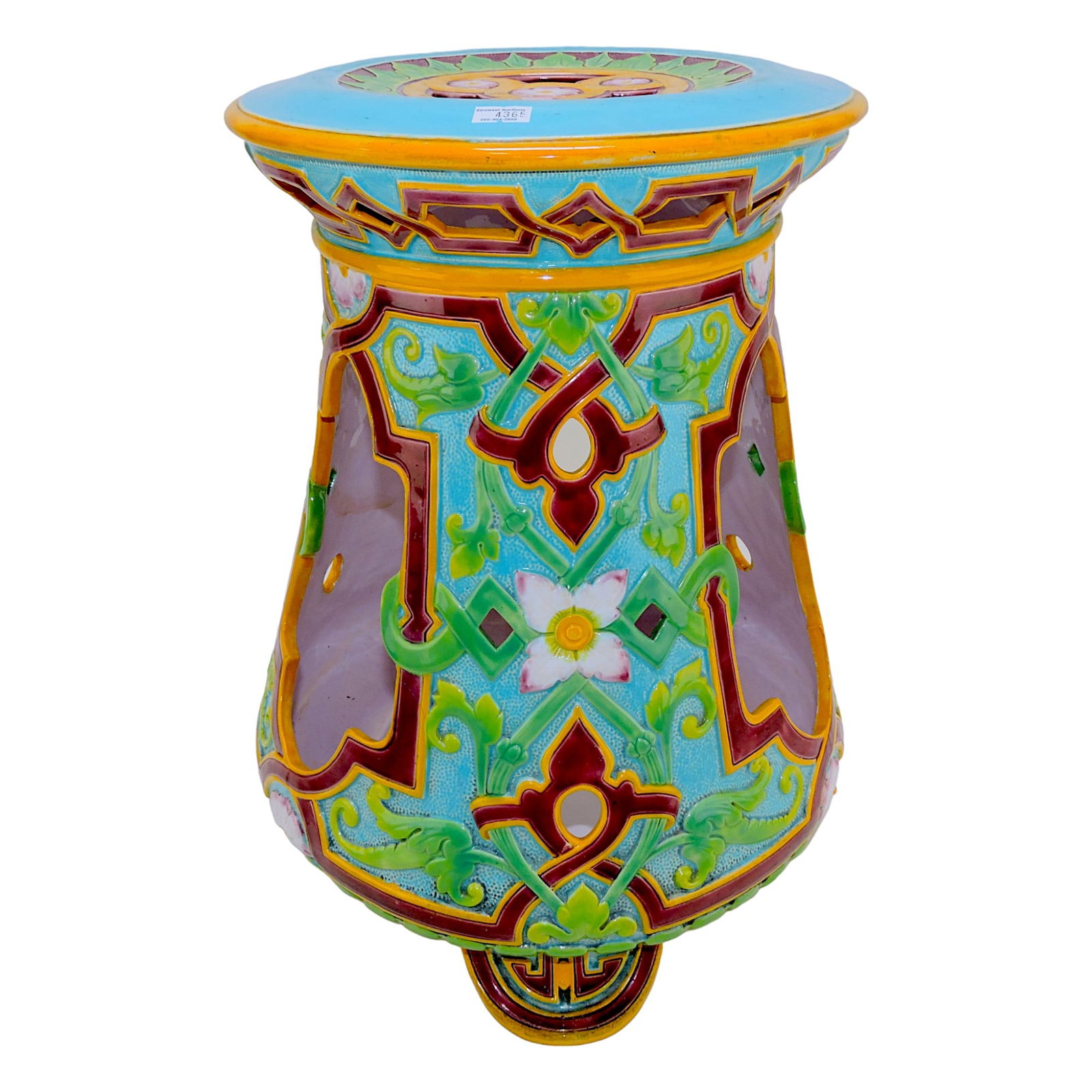 Minton majolica Alahambra garden: seat, shape no. 940, pierced geometric design, 18", minor surface wear to seat, hairline to seat, line repairs to side