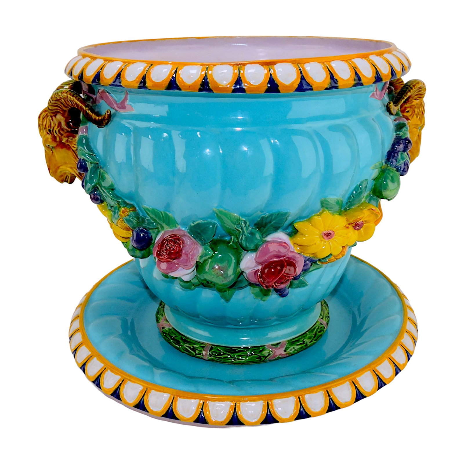 Minton majolica Della Robbia ram's: head jardiniere and stand, 14"h, 17"w