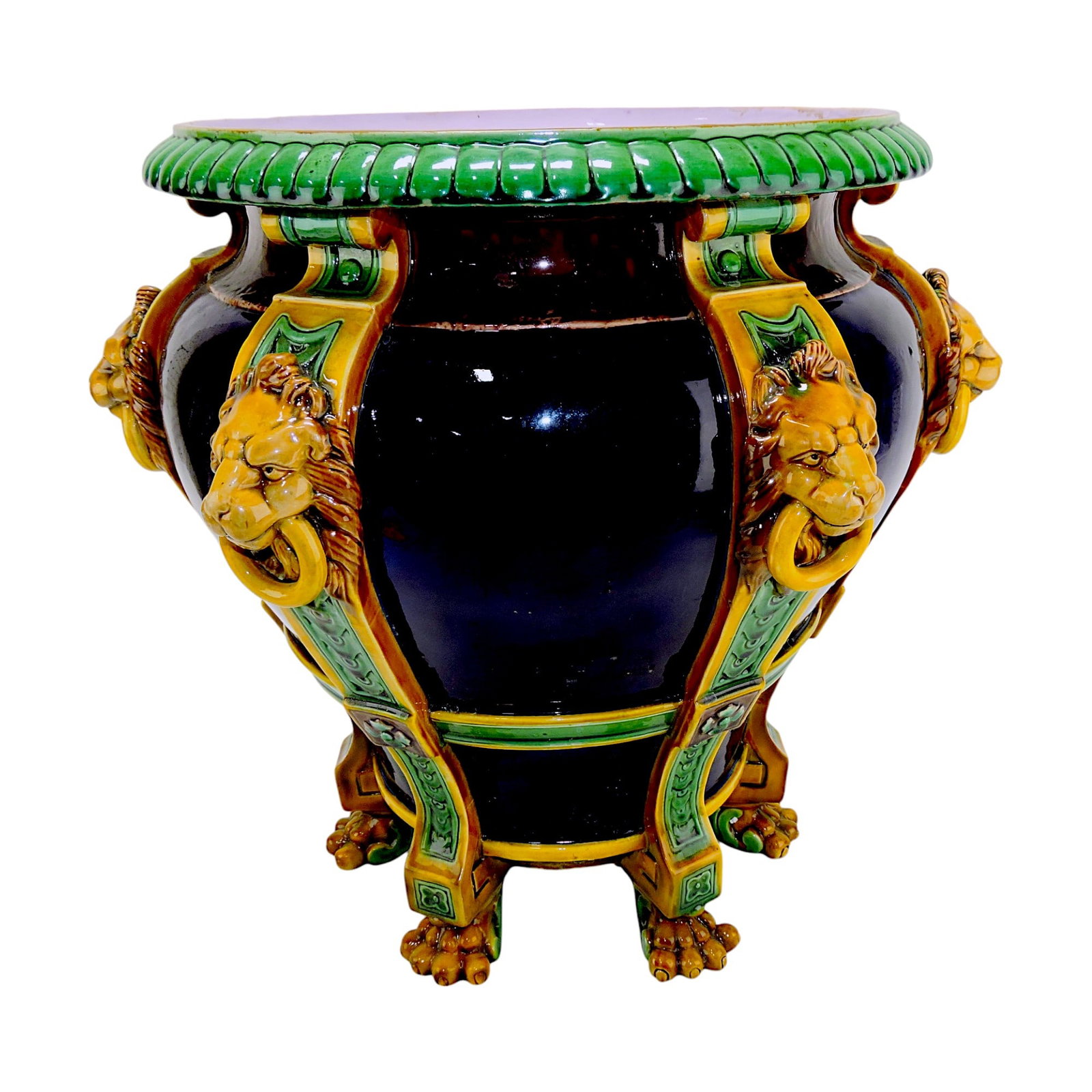 Minton majolica lion strap jardiniere: with paw feet, professional repair to feet and lion's face, 17 1/2"h, 20"w