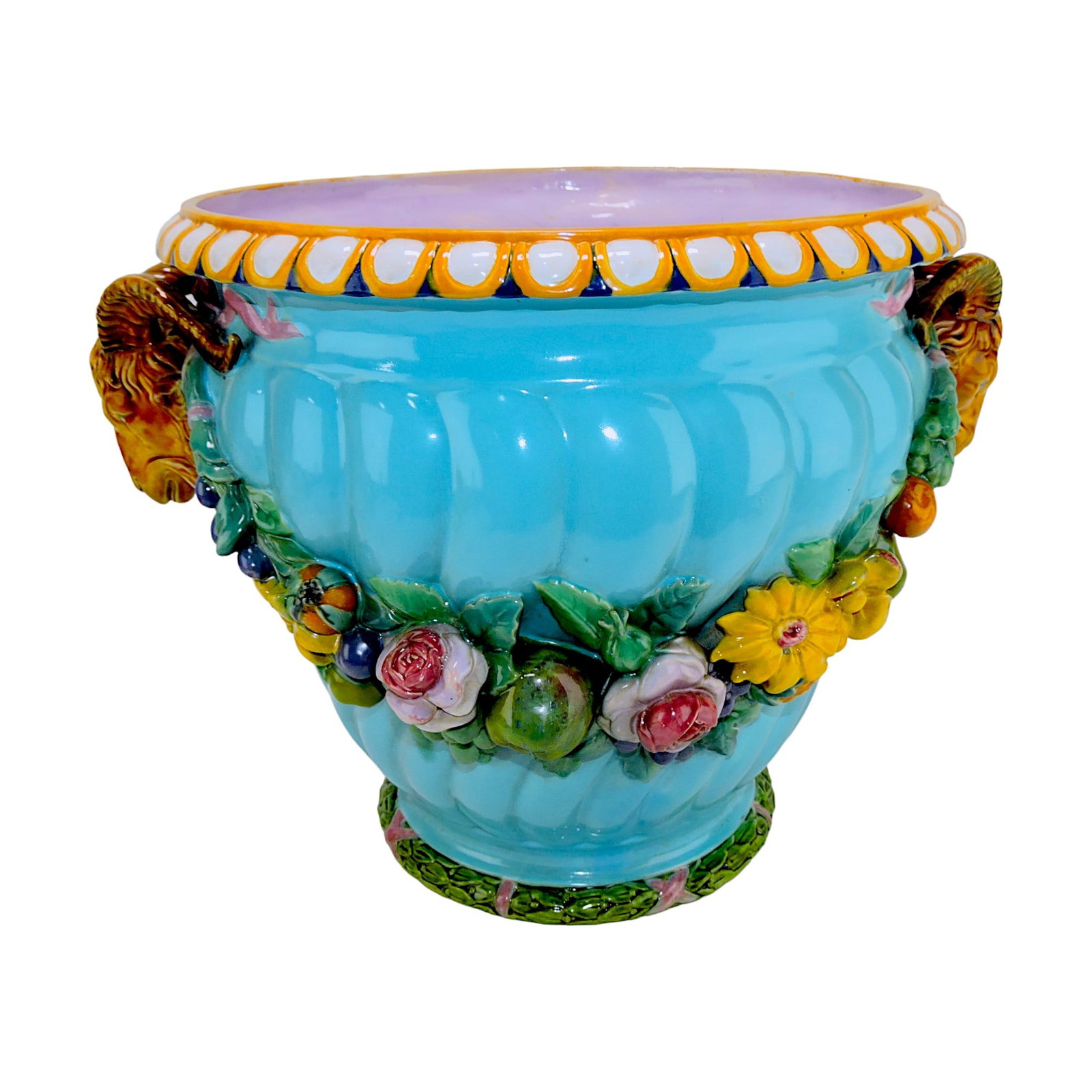 Minton majolica Della Robbia jardiniere: with ram's heads, 14 1/2"h, 19"w, shape no. 727