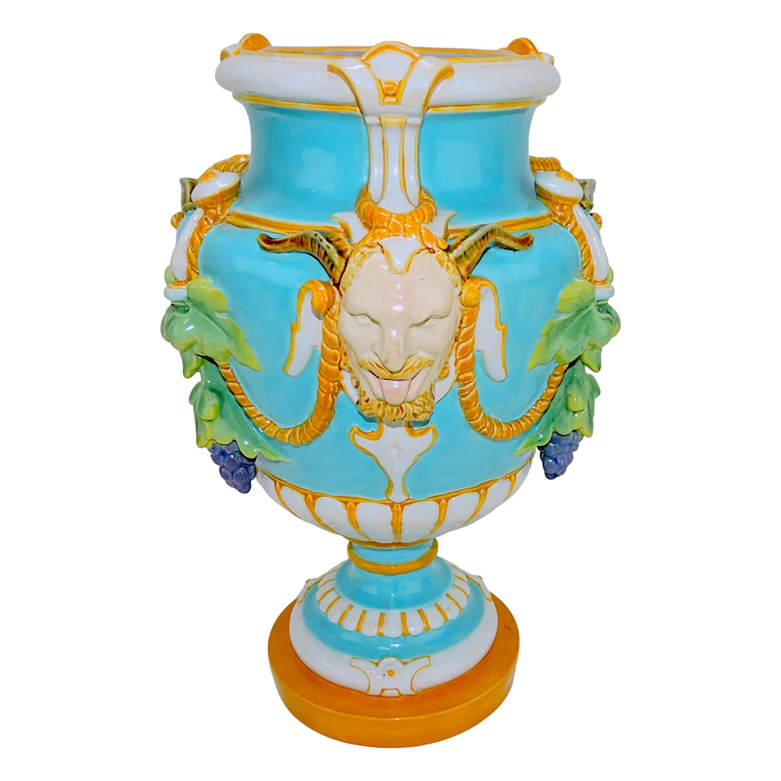 Minton turquoise majolica Bacchus vase,: 13"