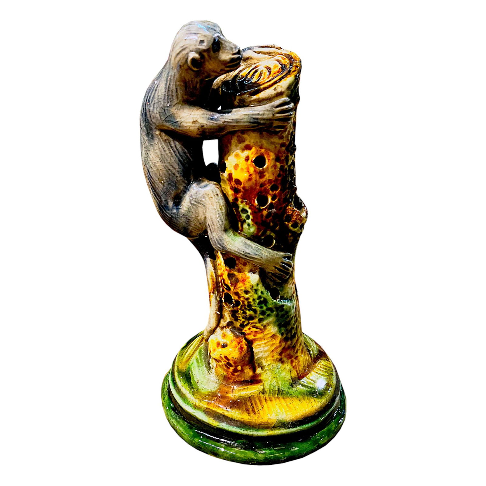 Very Rare Manual Mafra Majolica: Palissy Monkey Tooth Pick Holder c.1875. Modelled as a monkey climbing a tree trunk. Height: 6 inches. Provenance: Nick Boston Antiques