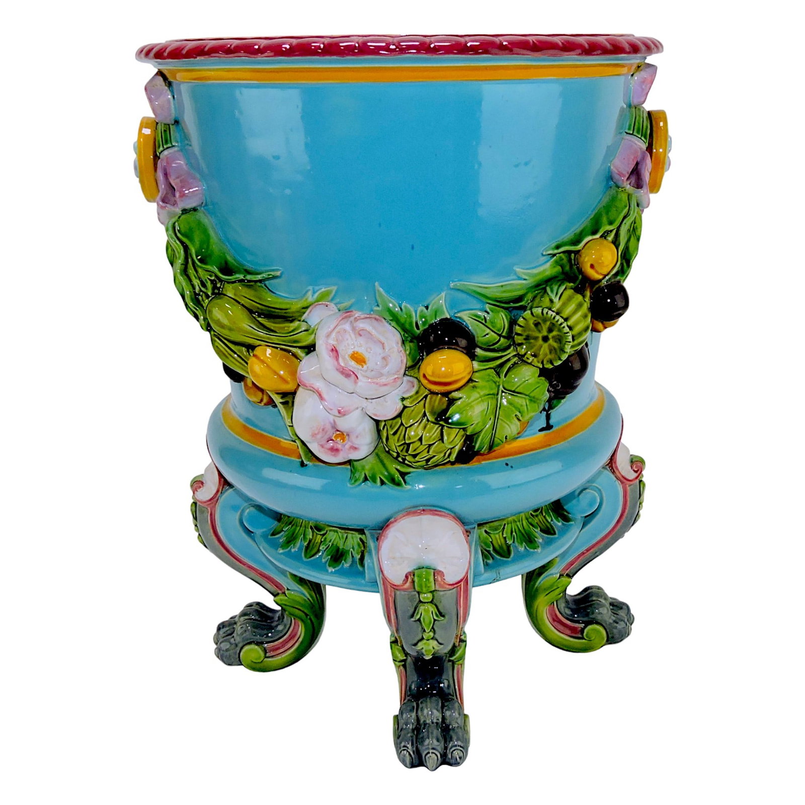 Minton majolica floral and fruit swag: wine cooler with paw feet, 15 1/2"