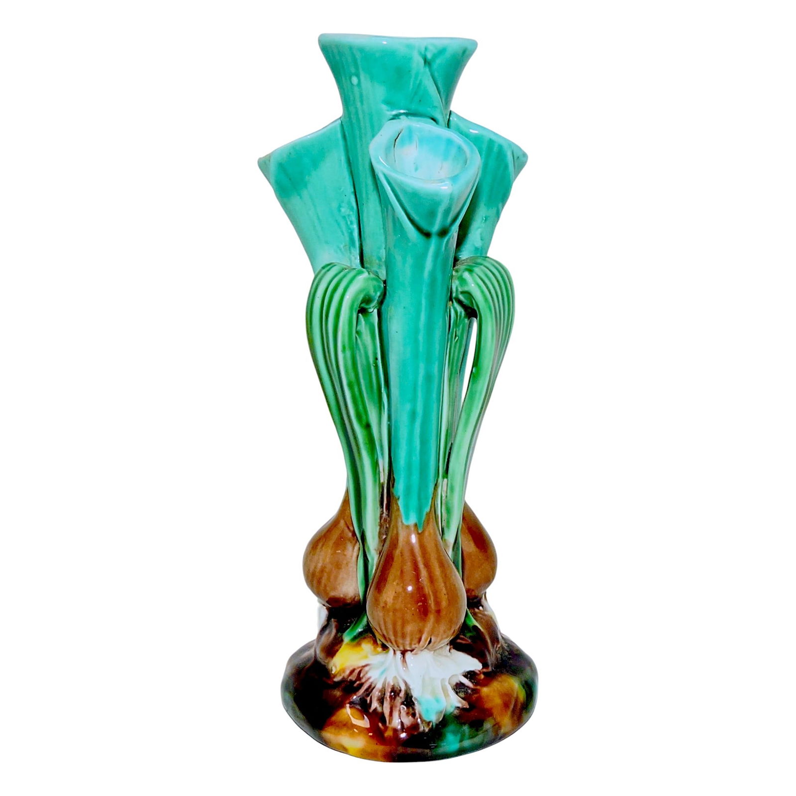 Wedgwood majolica rare triple hole: bud base in the form of 3 onions, 6 3/4"