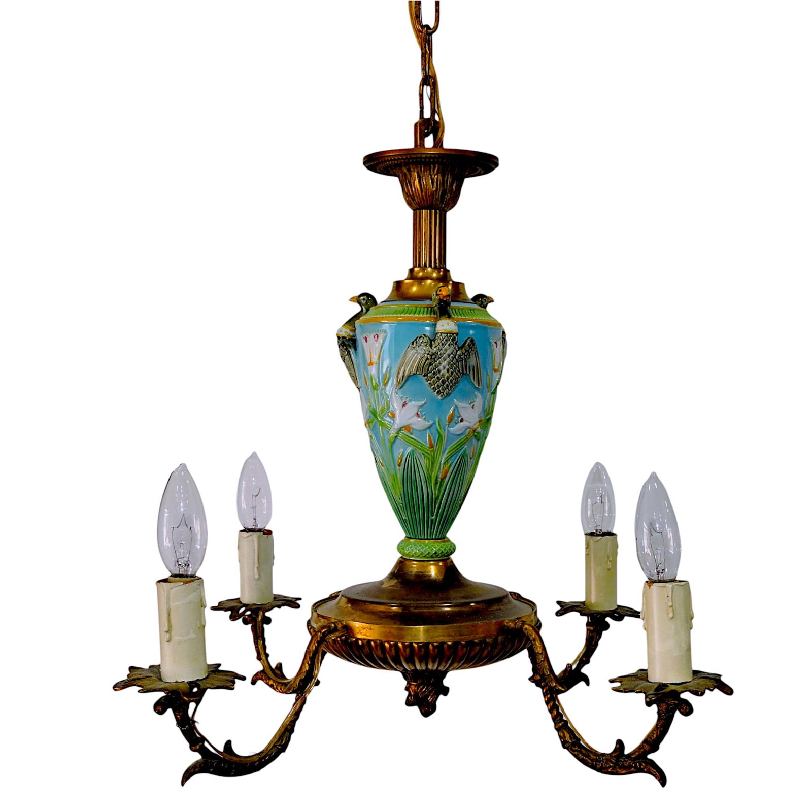 George Jones majolica hanging lamp: with majolica center with birds and flowers, 20"w