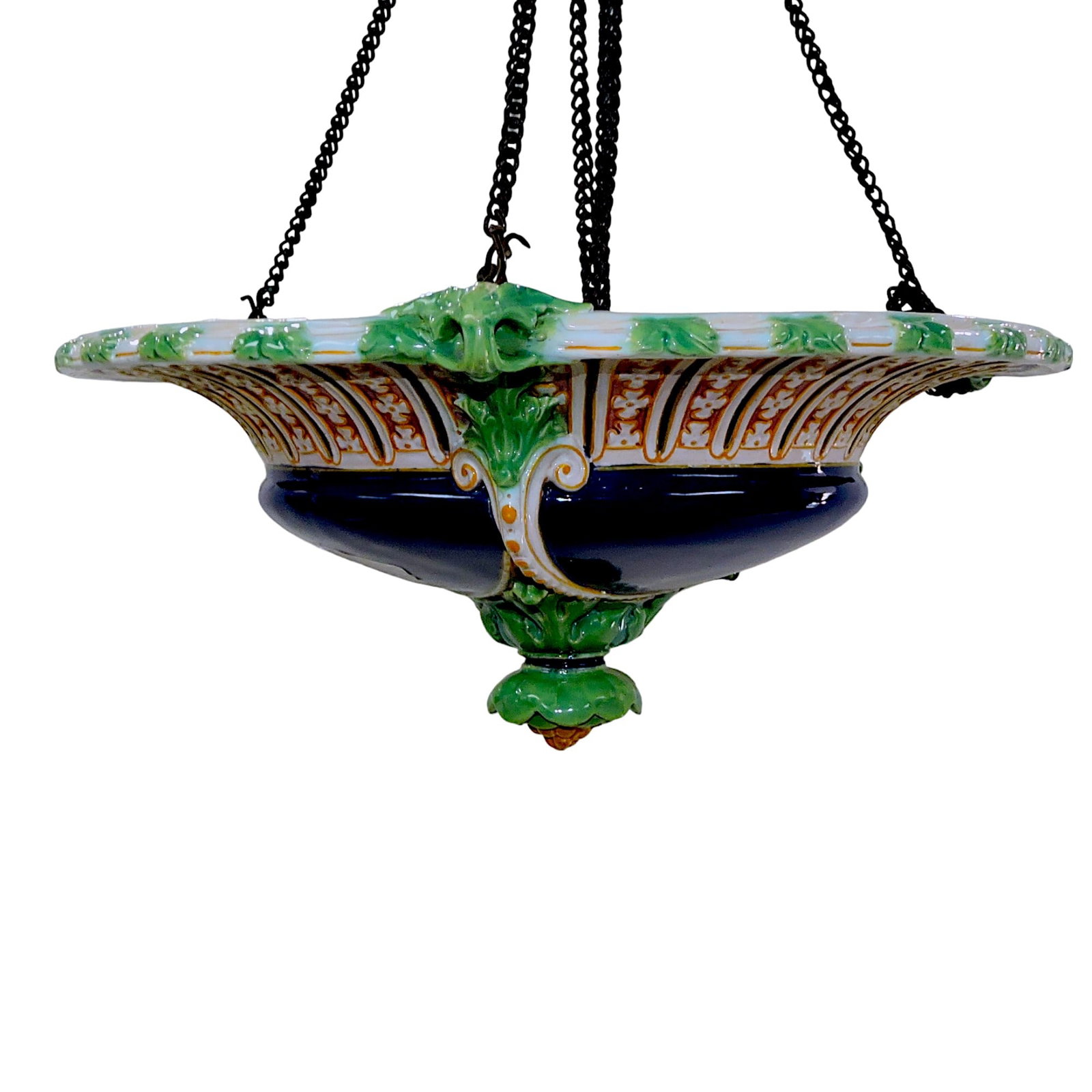Minton majolica hanging jardiniere,: 15"d, 6"h