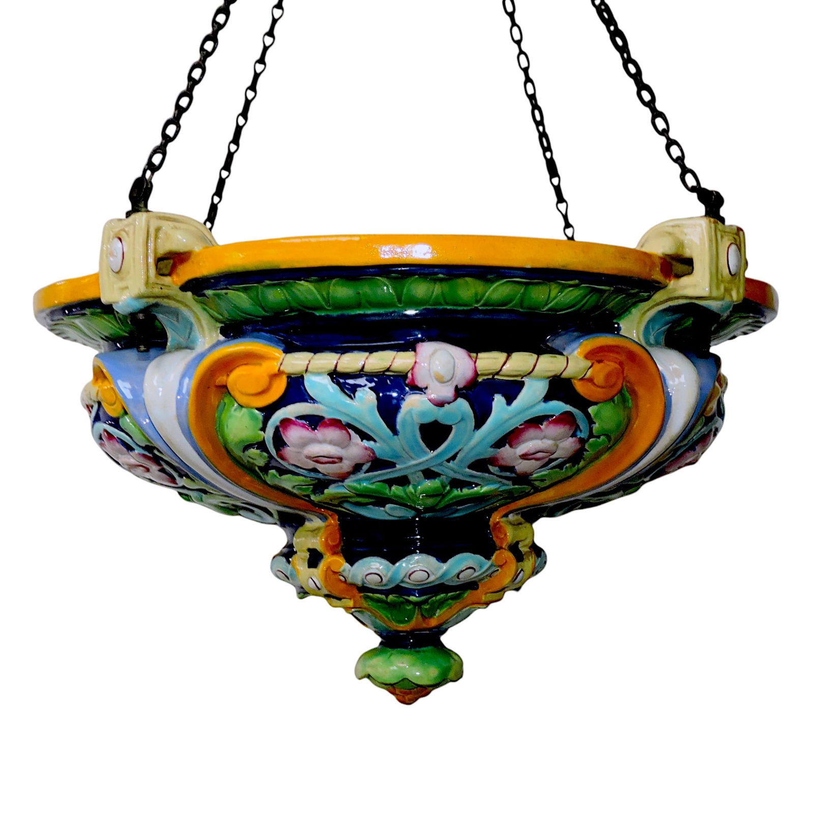 Minton majolica hanging jardiniere,: 14 1/2d, 8"h
