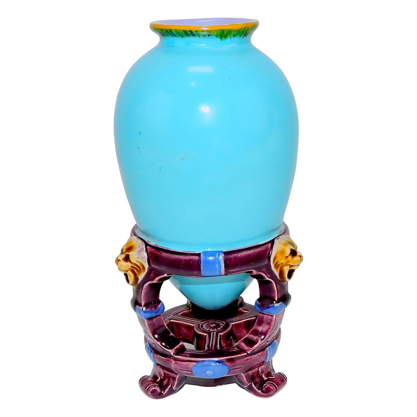 Minton majolica amphora vase, 6",: professional rim repair